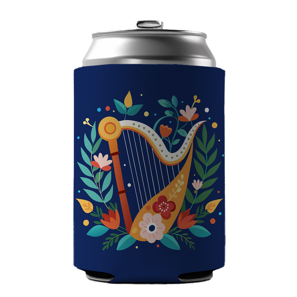 Harp Music Floral Motif Can Cooler Beer Soda Drink Insulated Holder Sleeve Hugger