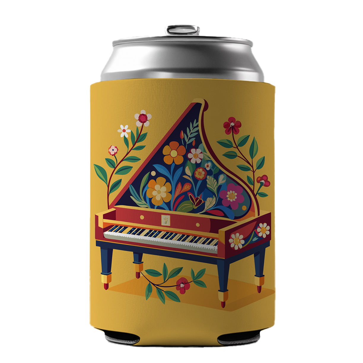 Harpsichord Music Floral Motif Can Cooler Beer Soda Drink Insulated Holder Sleeve Hugger