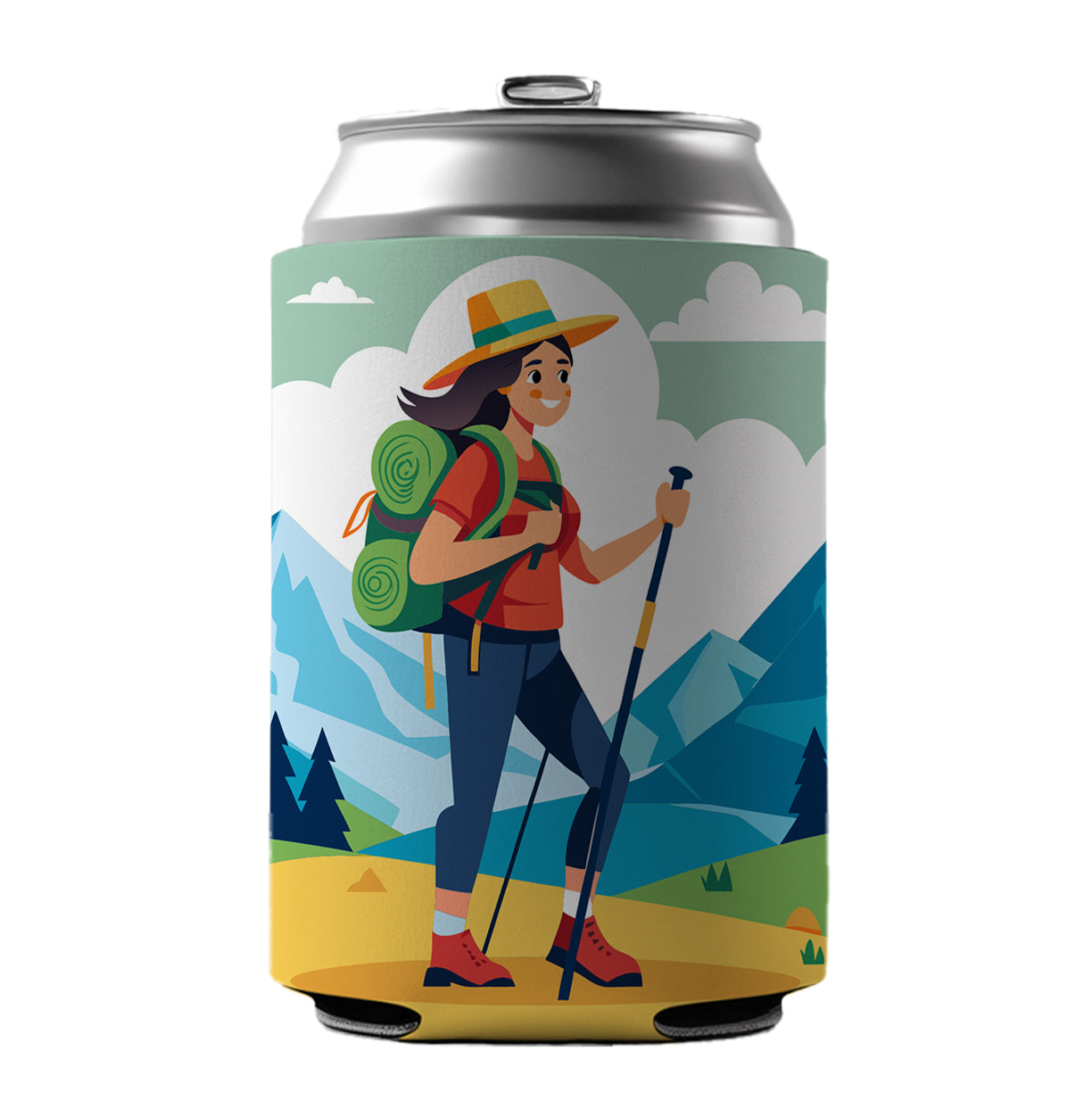 Hiker Hiking Backpacking Woman Can Cooler Beer Soda Drink Insulated Holder Sleeve Hugger