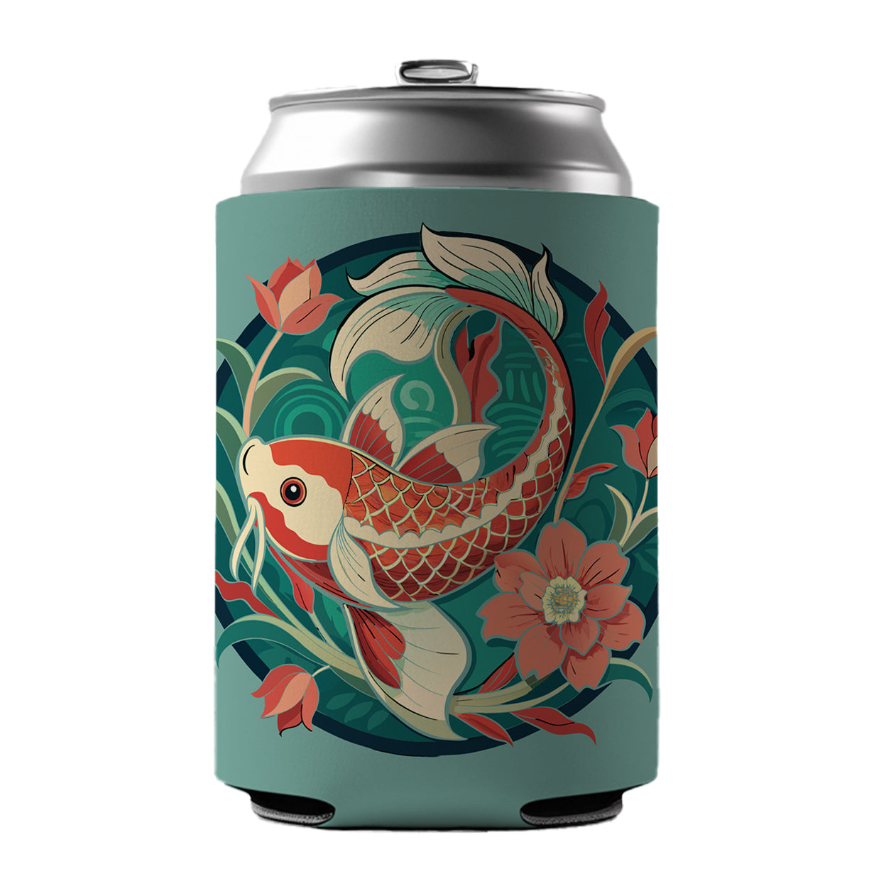 Koi Fish Floral Art Nouveau Flowers Elegant Can Cooler Beer Soda Drink Insulated Holder Sleeve Hugger