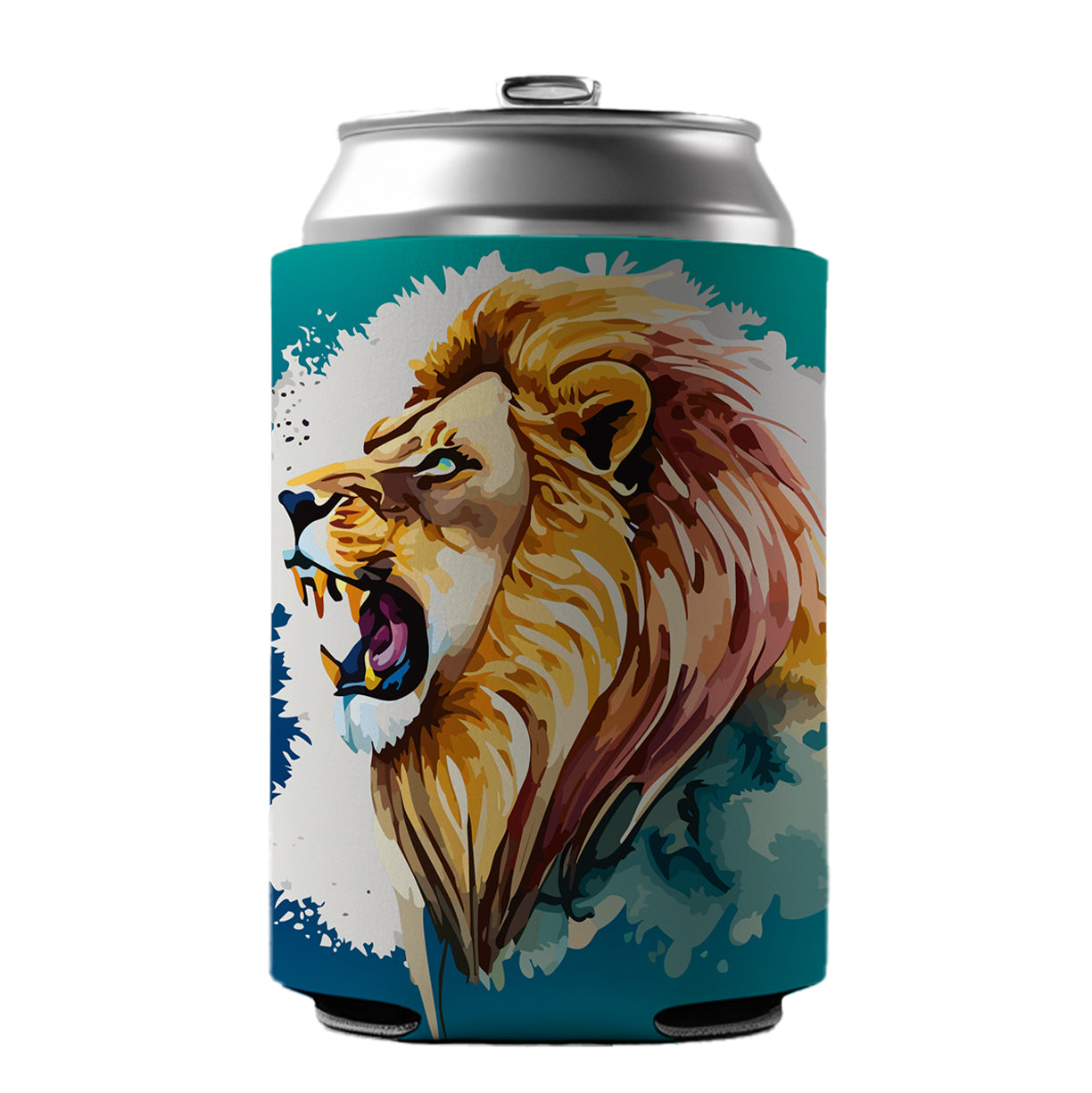 Lion Roaring Male Profile Watercolor Can Cooler Beer Soda Drink Insulated Holder Sleeve Hugger