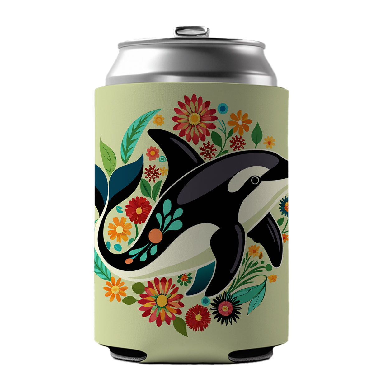 Orca Whale Floral Flowers Can Cooler Beer Soda Drink Insulated Holder Sleeve Hugger