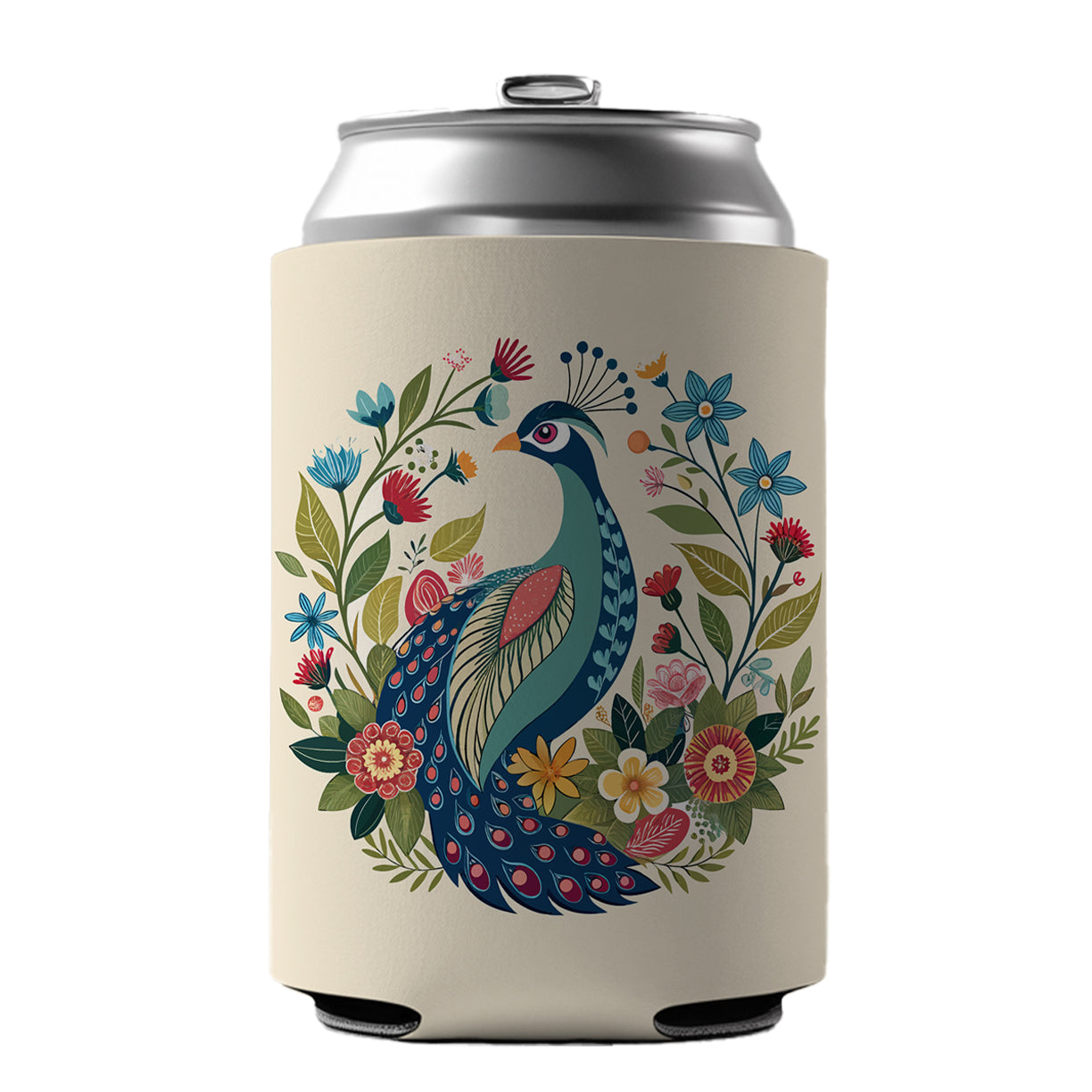 Peacock Floral Flowers Can Cooler Beer Soda Drink Insulated Holder Sleeve Hugger