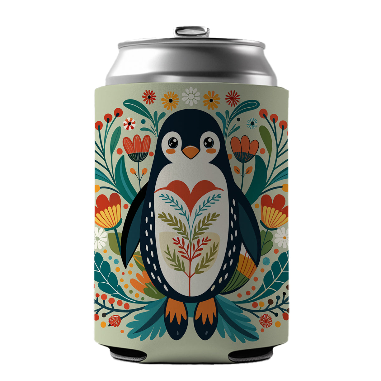 Penguin Floral Flowers Can Cooler Beer Soda Drink Insulated Holder Sleeve Hugger
