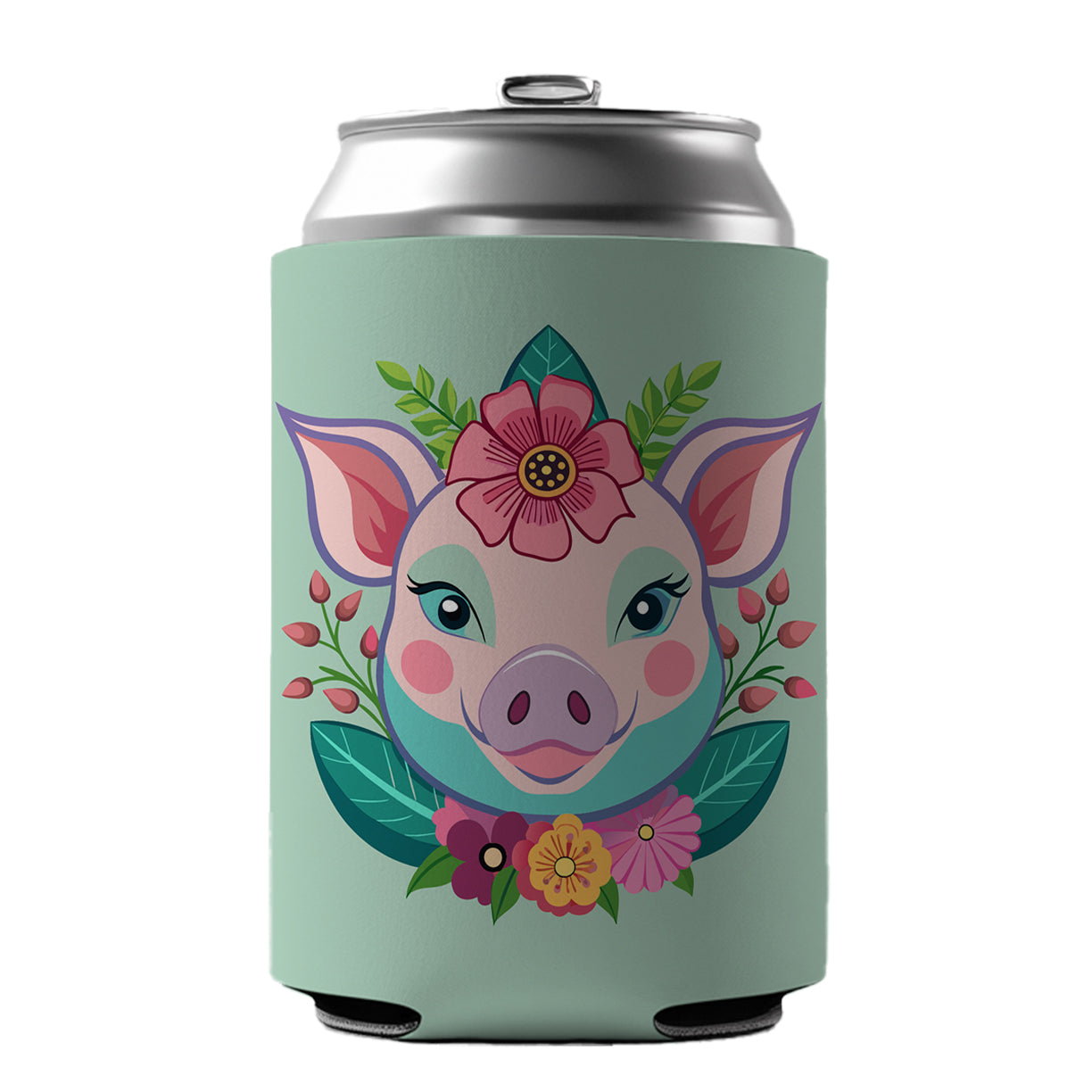 Pig Head Floral Flowers Can Cooler Beer Soda Drink Insulated Holder Sleeve Hugger