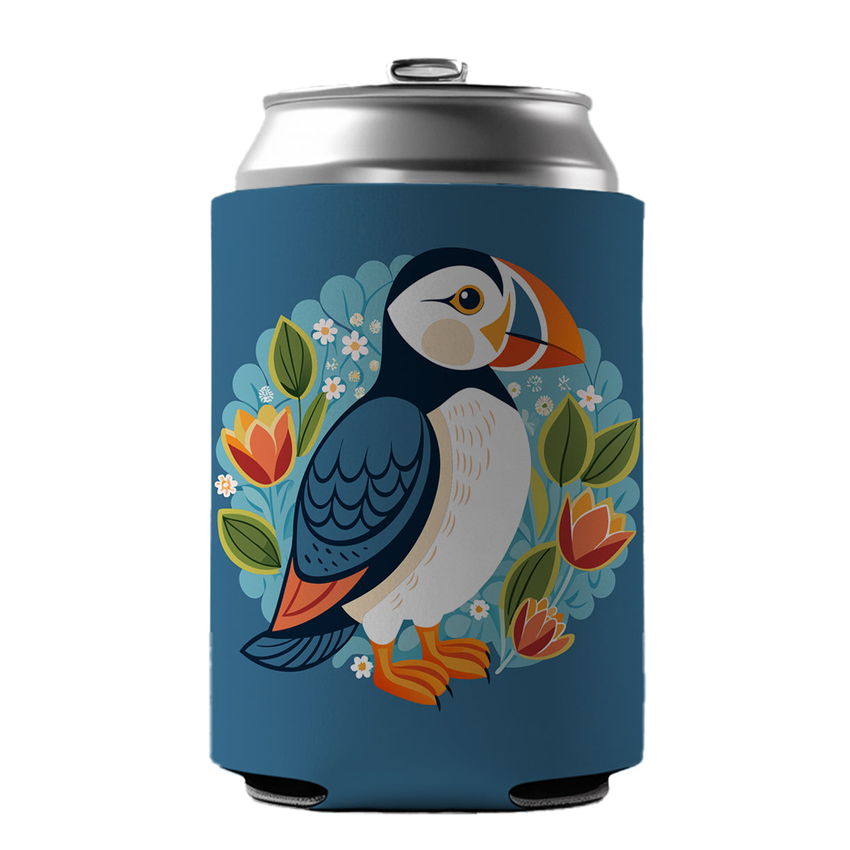 Puffin Bird Floral Flowers Can Cooler Beer Soda Drink Insulated Holder Sleeve Hugger