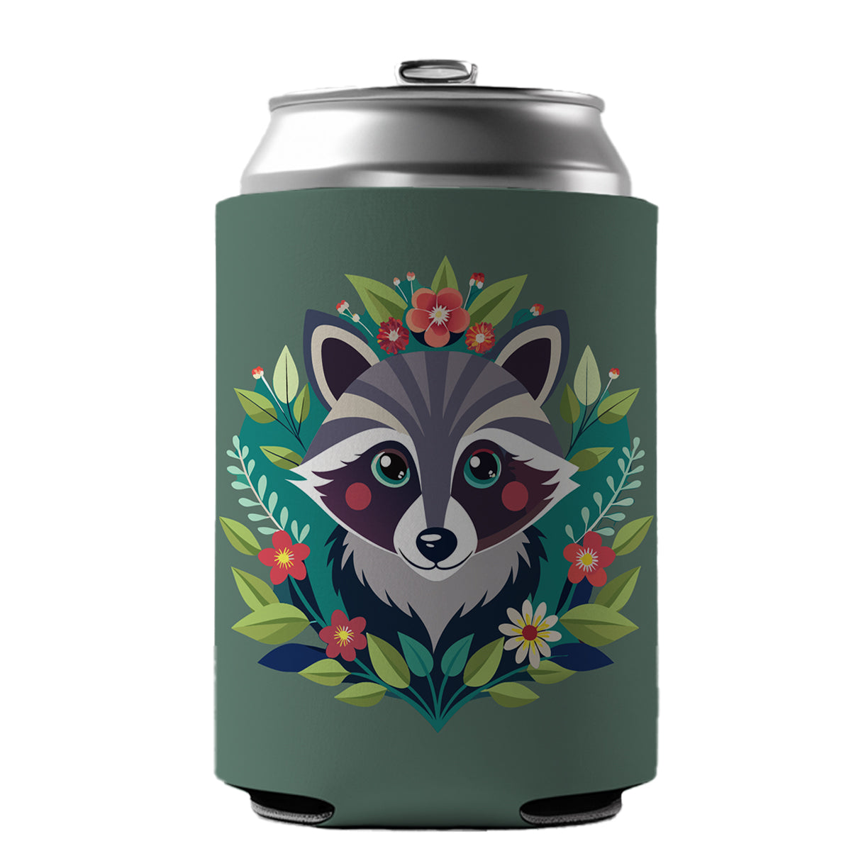 Raccoon in Floral Wreath Can Cooler Beer Soda Drink Insulated Holder Sleeve Hugger
