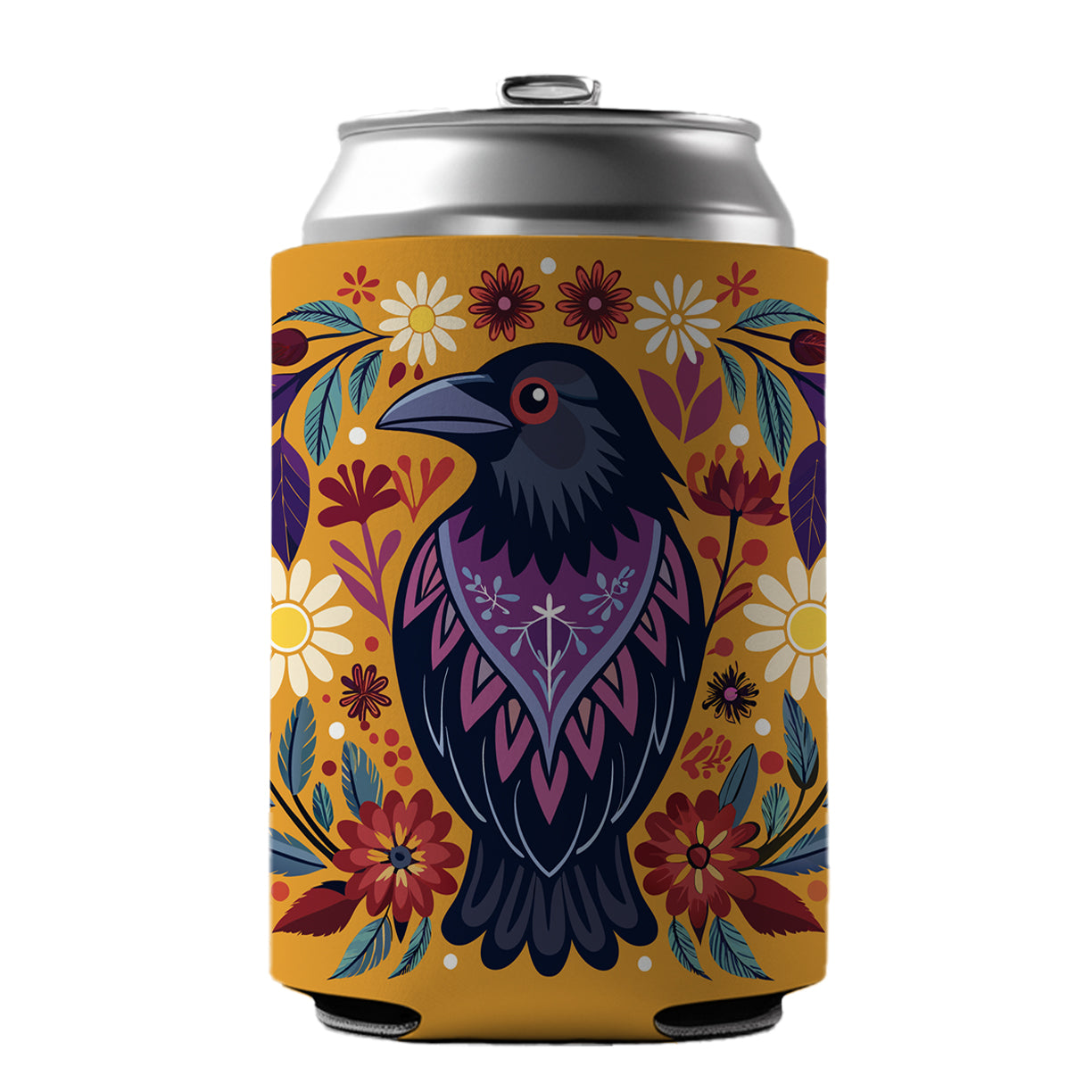 Raven Bird Floral Flowers Can Cooler Beer Soda Drink Insulated Holder Sleeve Hugger