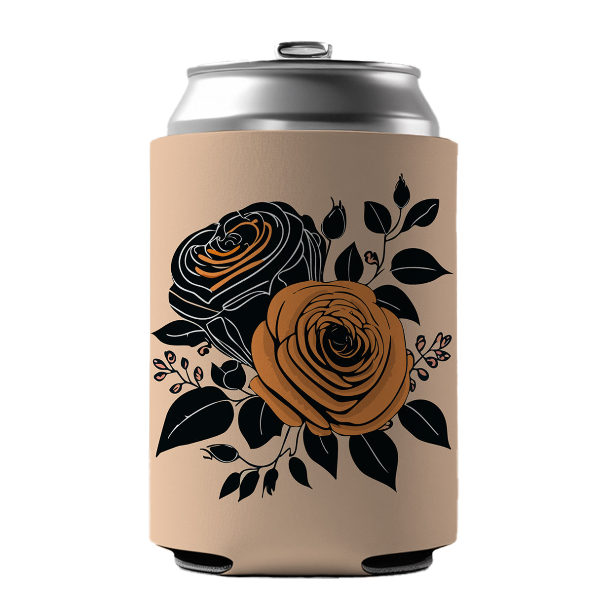 Roses Black Orange Fall Autumn Thanksgiving Halloween Motif Can Cooler Beer Soda Drink Insulated Holder Sleeve Hugger