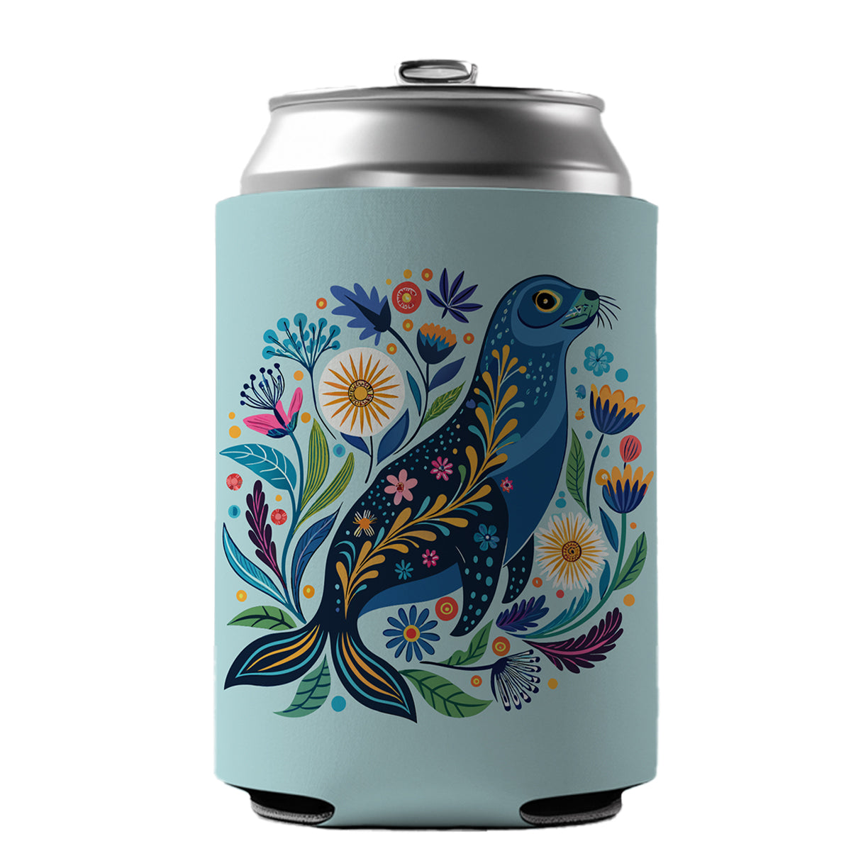 Sea Lion Floral Flowers Can Cooler Beer Soda Drink Insulated Holder Sleeve Hugger