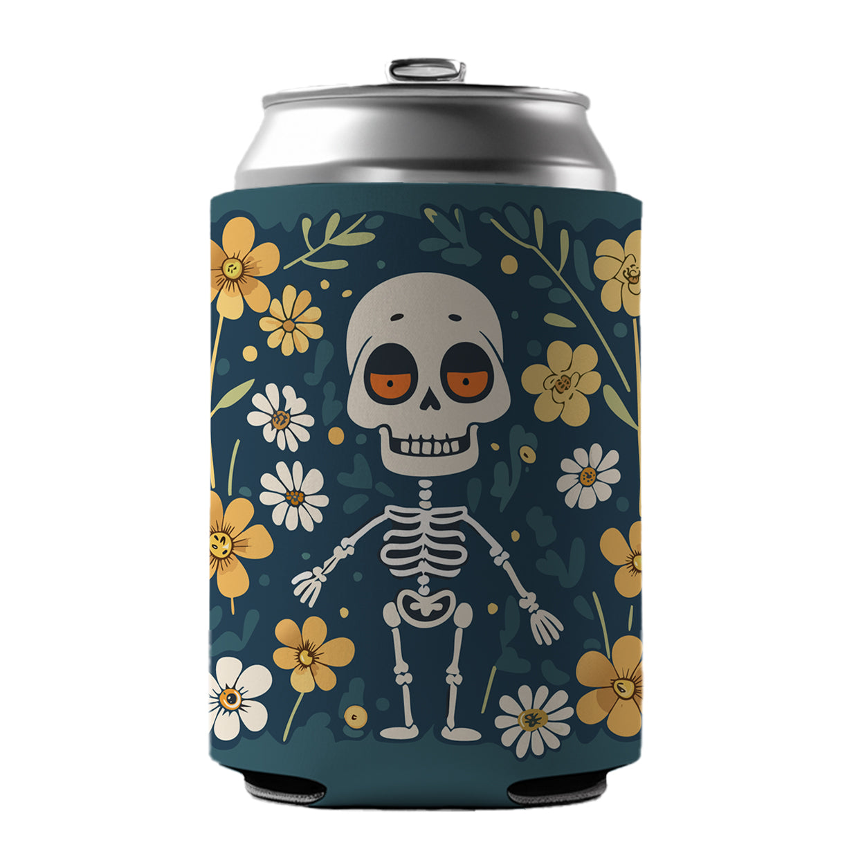 Skeleton and Flowers Funny Halloween Can Cooler Beer Soda Drink Insulated Holder Sleeve Hugger