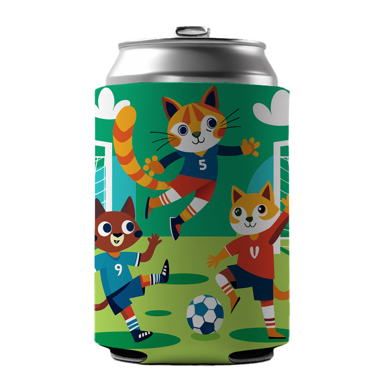 Soccer Cats Playing Ball Field Can Cooler Beer Soda Drink Insulated Holder Sleeve Hugger