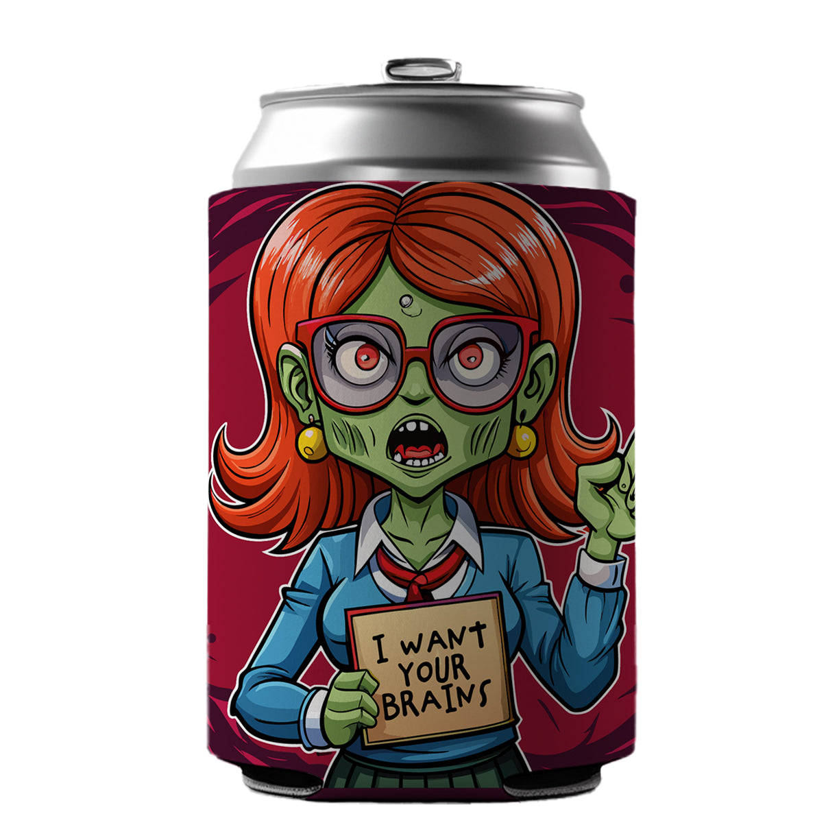 Teacher Zombie Woman I Want Your Brains Can Cooler Beer Soda Drink Insulated Holder Sleeve Hugger