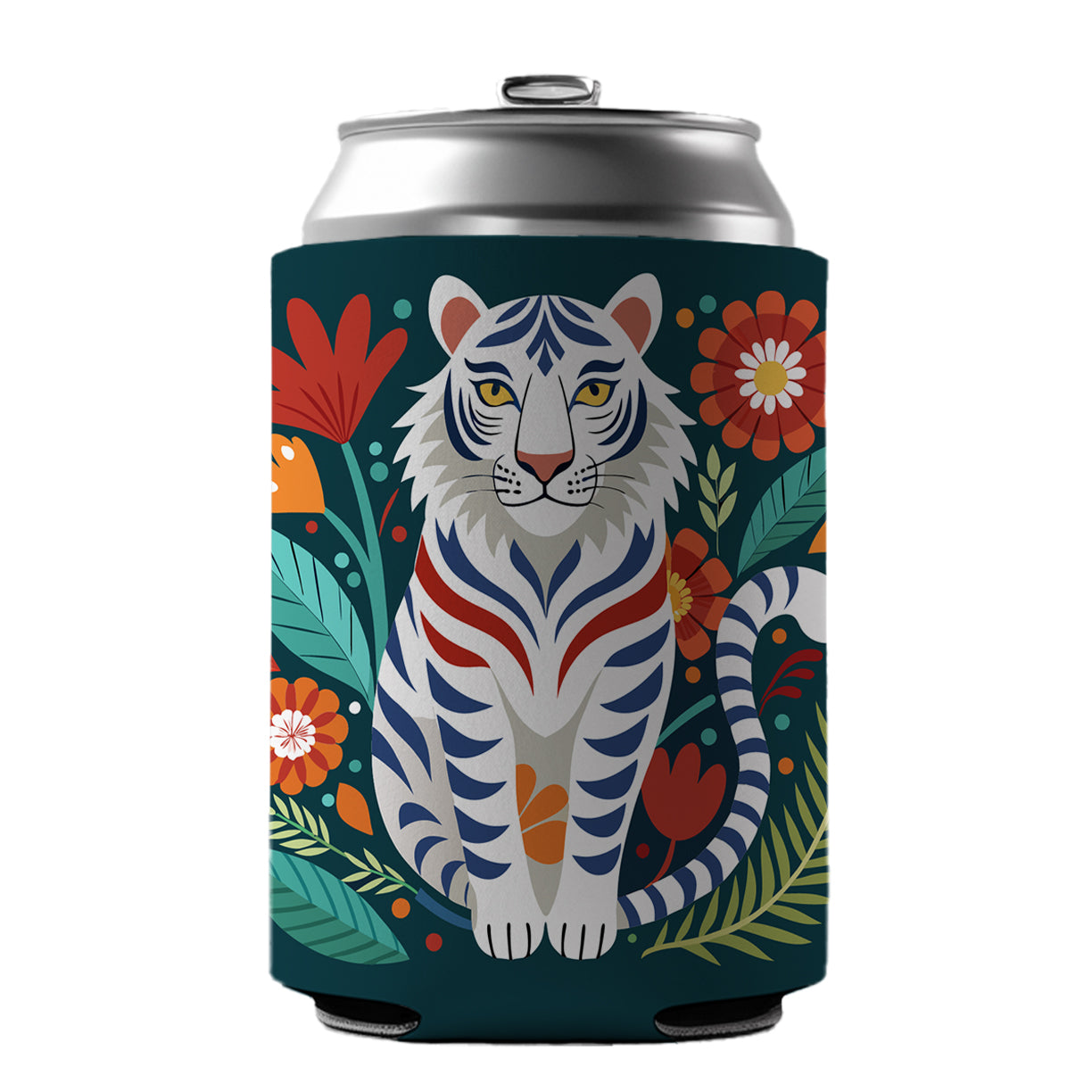 White Tiger Floral Flowers Can Cooler Beer Soda Drink Insulated Holder Sleeve Hugger