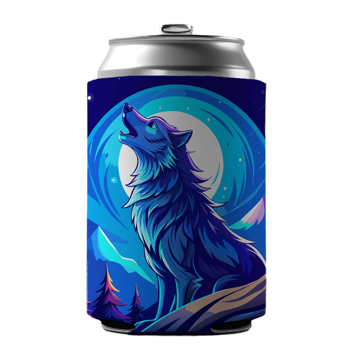 Wolf Howling at Blue Moon Can Cooler Beer Soda Drink Insulated Holder Sleeve Hugger