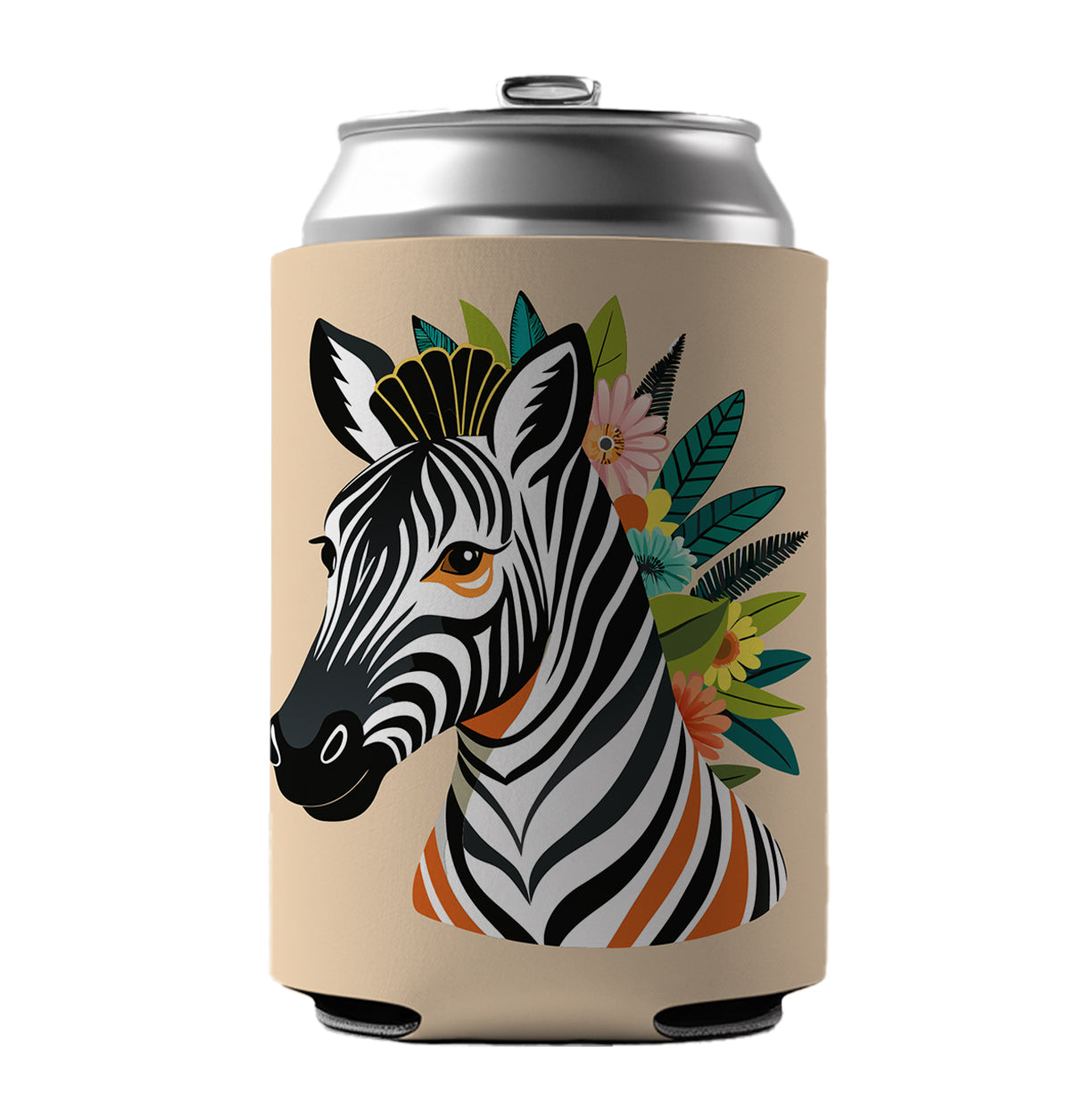 Zebra Head Floral Flowers Can Cooler Beer Soda Drink Insulated Holder Sleeve Hugger