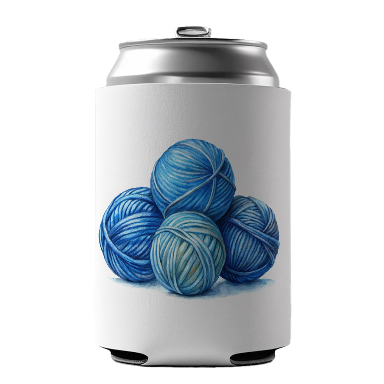 Balls Of Blue Yarn Knitting Crochet Watercolor Can Cooler Beer Soda Drink Insulated Holder Sleeve Hugger
