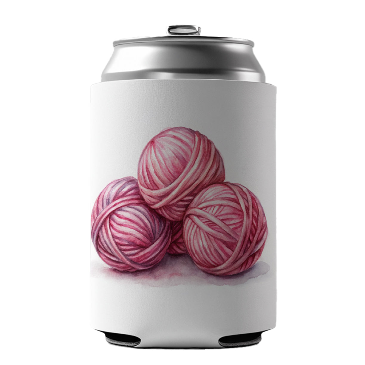 Balls Of Pink Yarn Knitting Crochet Watercolor Can Cooler Beer Soda Drink Insulated Holder Sleeve Hugger