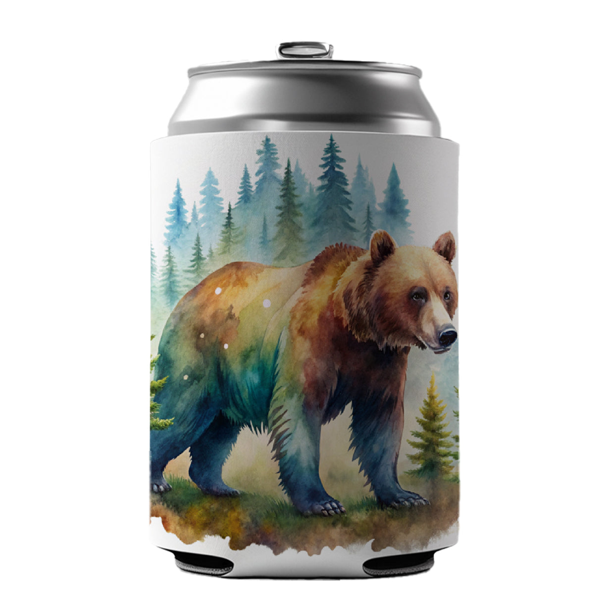 Bear In Forest Watercolor Design Can Cooler Beer Soda Drink Insulated Holder Sleeve Hugger