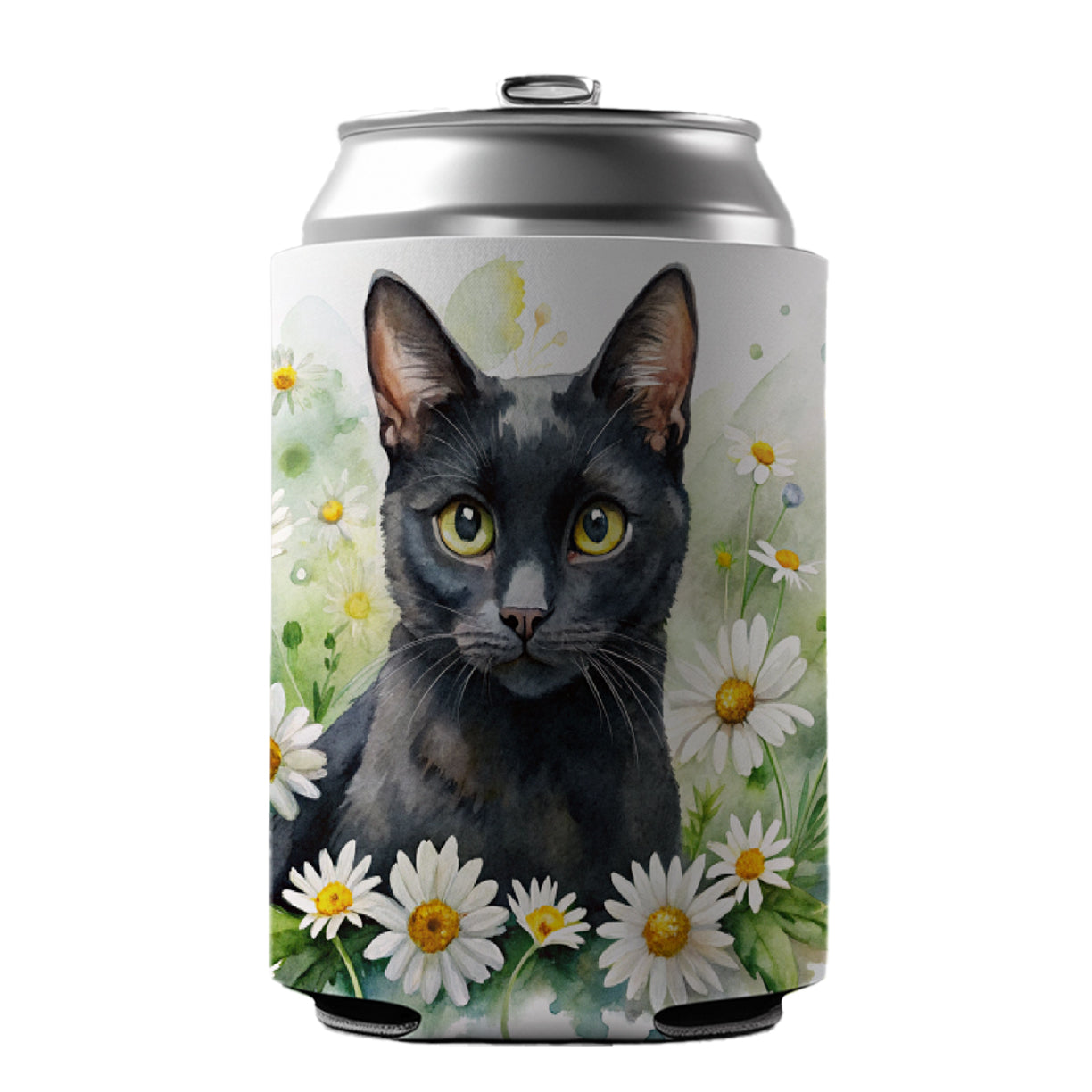 Black Cat Watercolor Design With Daisies Can Cooler Beer Soda Drink Insulated Holder Sleeve Hugger