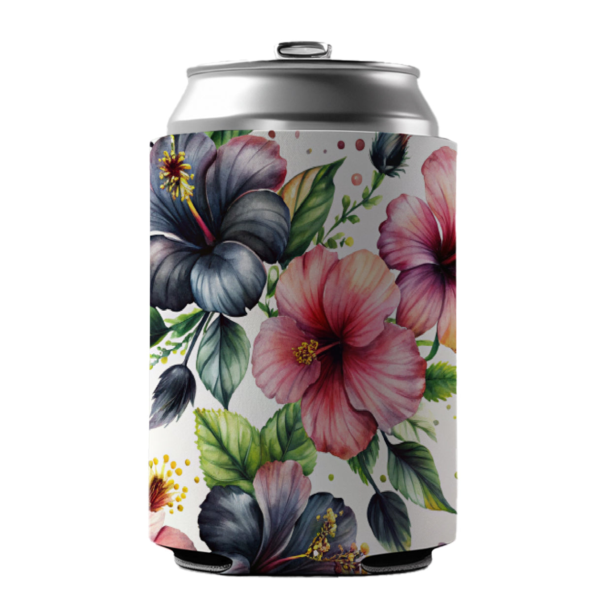 Black Pink Hibiscus Flowers Watercolor Can Cooler Beer Soda Drink Insulated Holder Sleeve Hugger