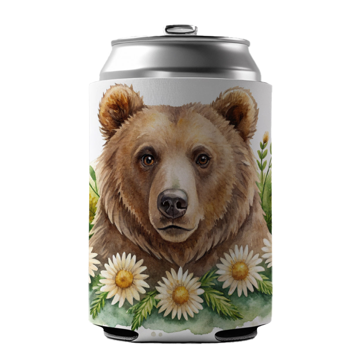 Brown Bear Watercolor Design With Daisies Can Cooler Beer Soda Drink Insulated Holder Sleeve Hugger