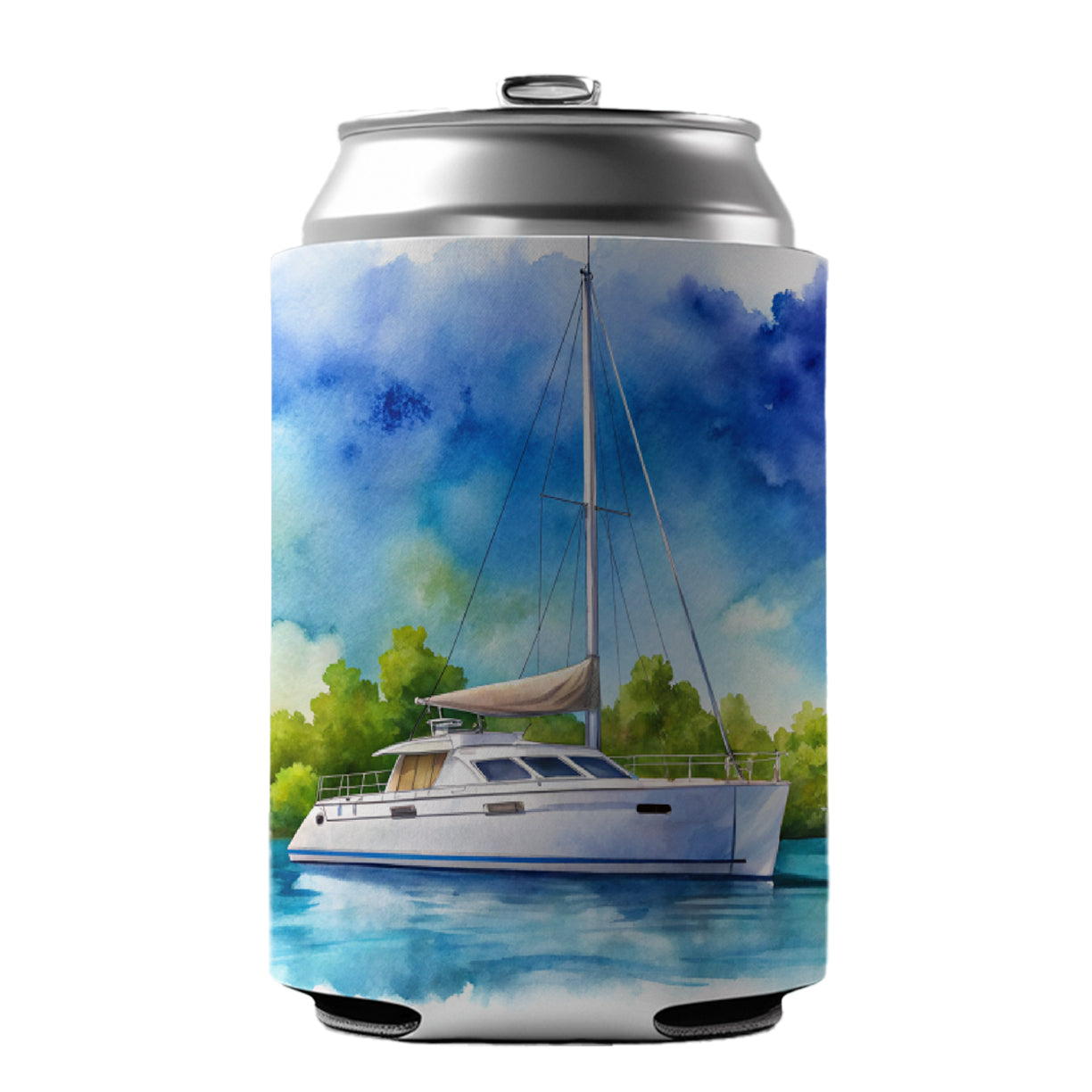 Catamaran At Sea Watercolor Design Can Cooler Beer Soda Drink Insulated Holder Sleeve Hugger