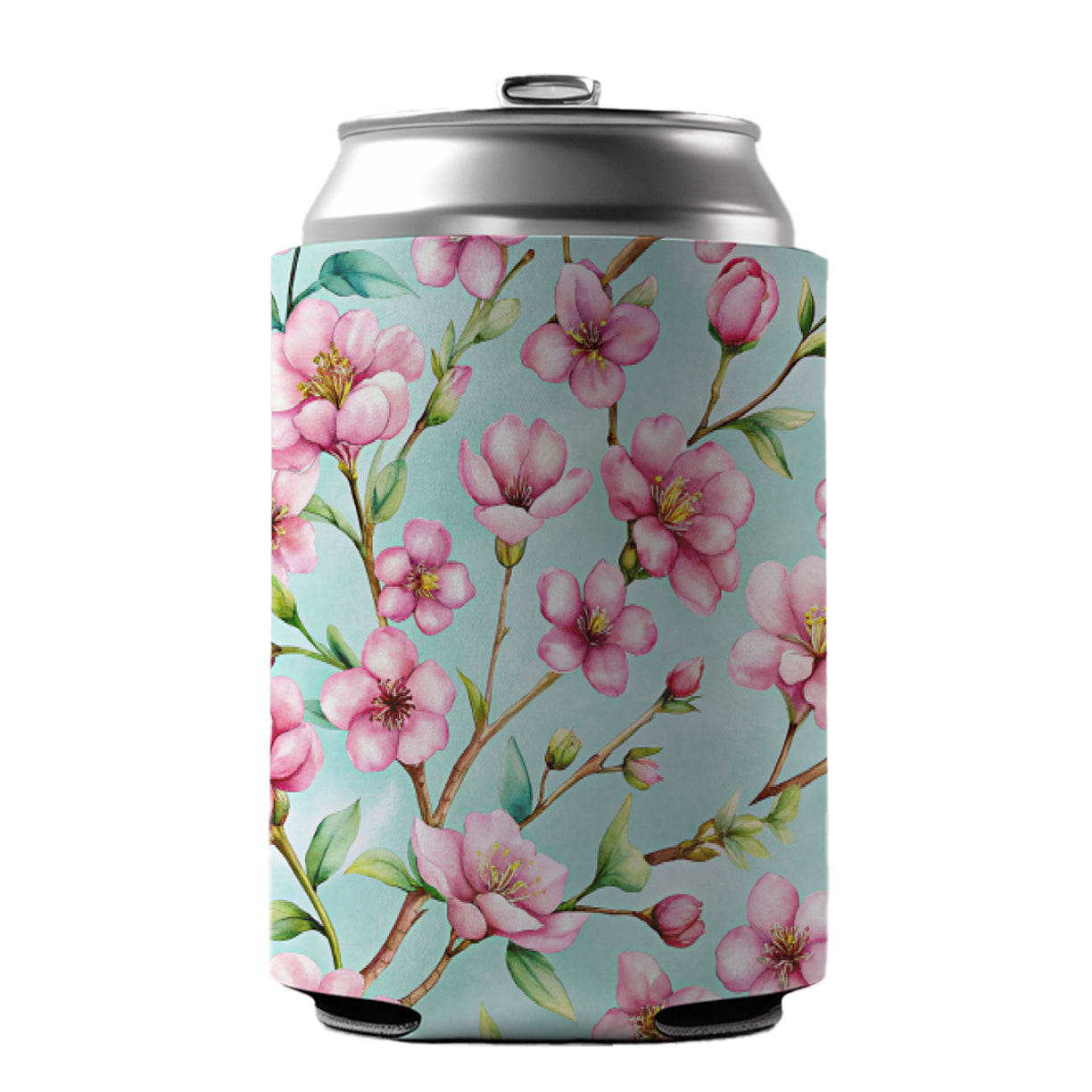 Cherry Blossom Flowers Light Blue Can Cooler Beer Soda Drink Insulated Holder Sleeve Hugger