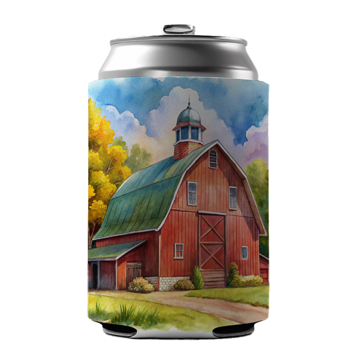 Classic Red Barn Watercolor Can Cooler Beer Soda Drink Insulated Holder Sleeve Hugger