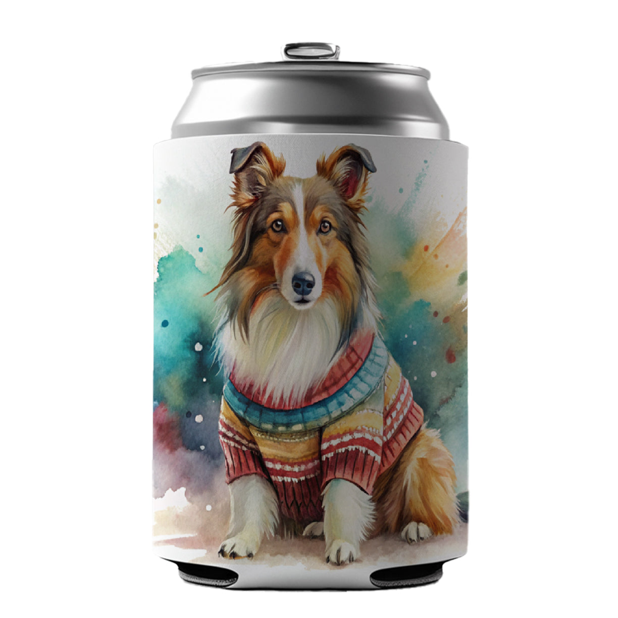 Collie Dog Wearing A Sweater Watercolor Can Cooler Beer Soda Drink Insulated Holder Sleeve Hugger