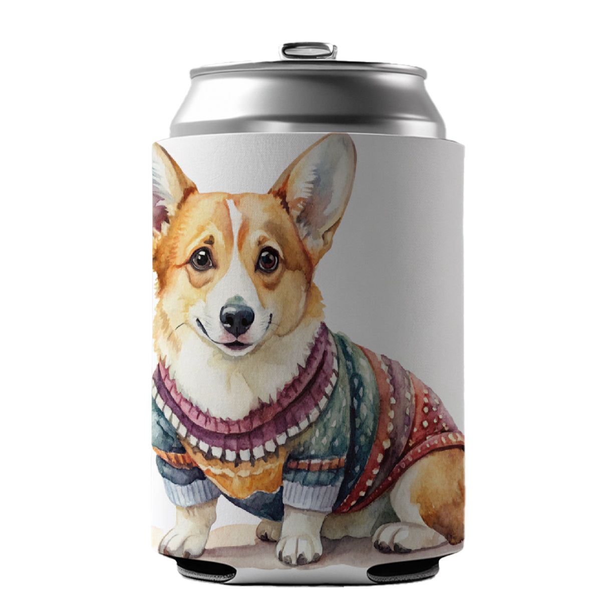 Corgi Dog Wearing A Sweater Watercolor Can Cooler Beer Soda Drink Insulated Holder Sleeve Hugger