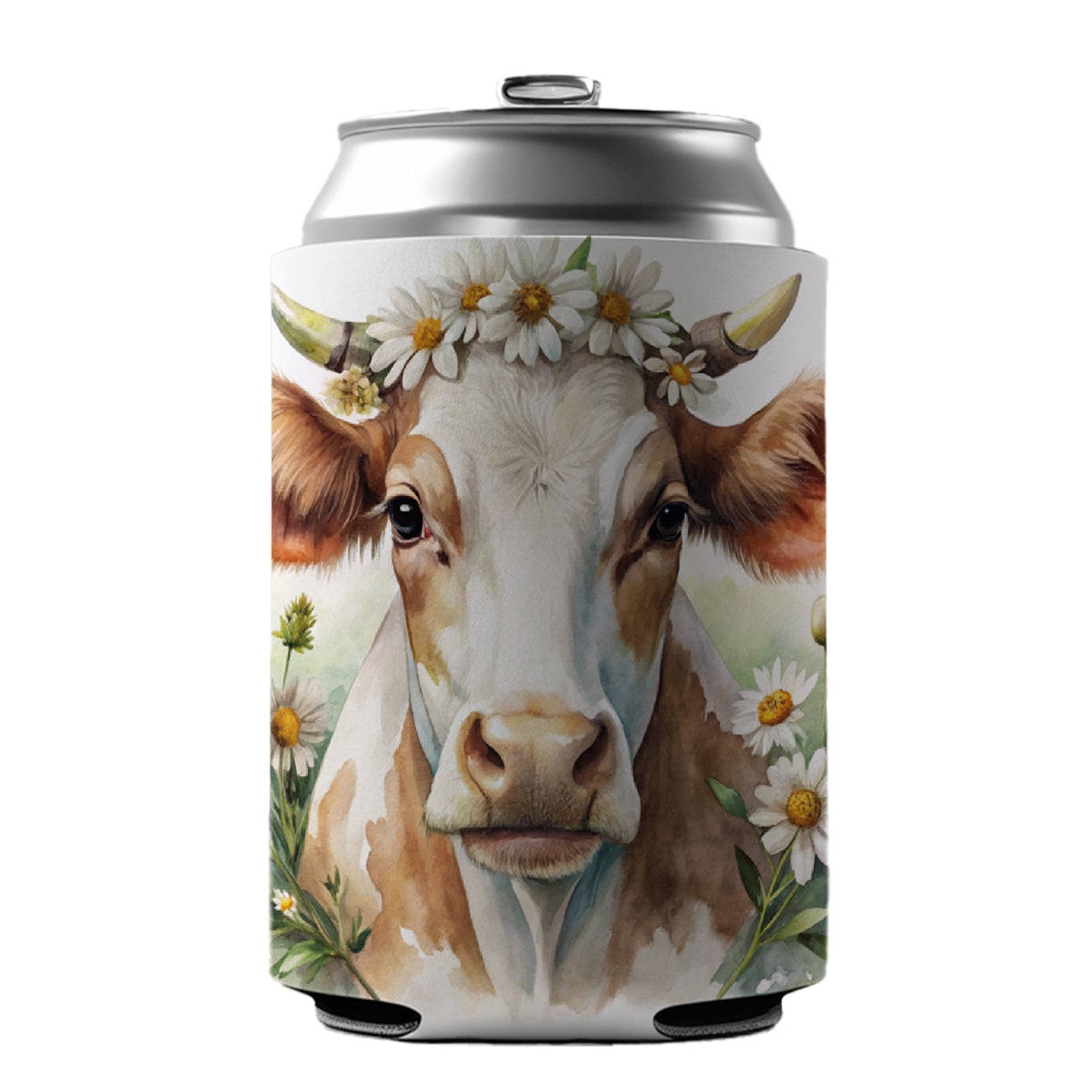 Cow Watercolor With Daisies Can Cooler Beer Soda Drink Insulated Holder Sleeve Hugger