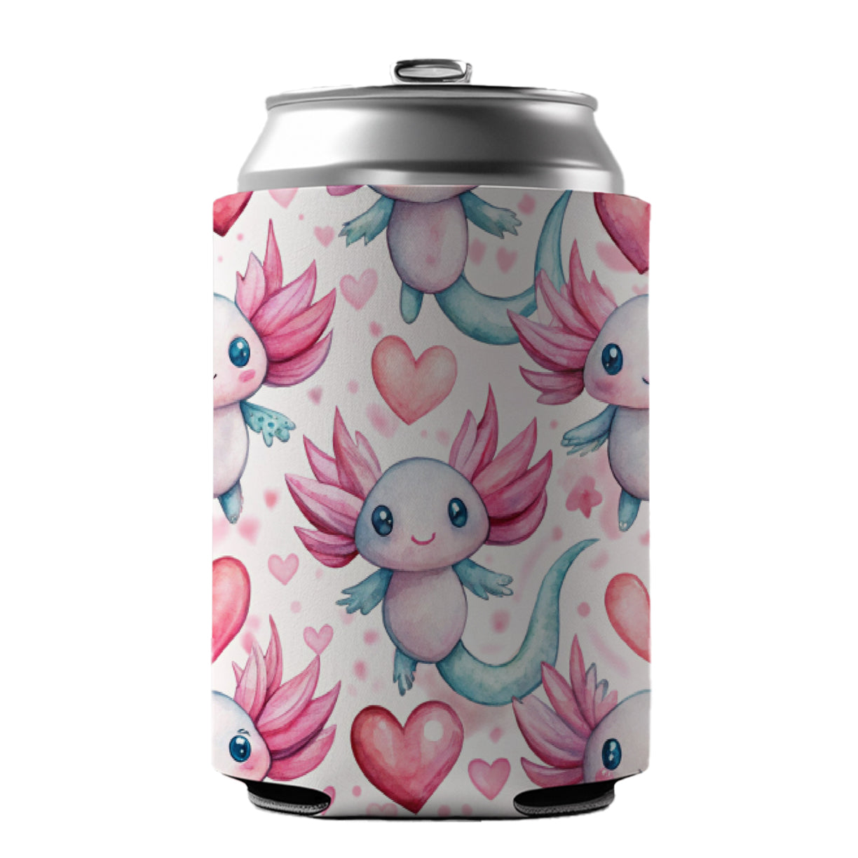 Cute Axolotls Hearts Watercolor Can Cooler Beer Soda Drink Insulated Holder Sleeve Hugger