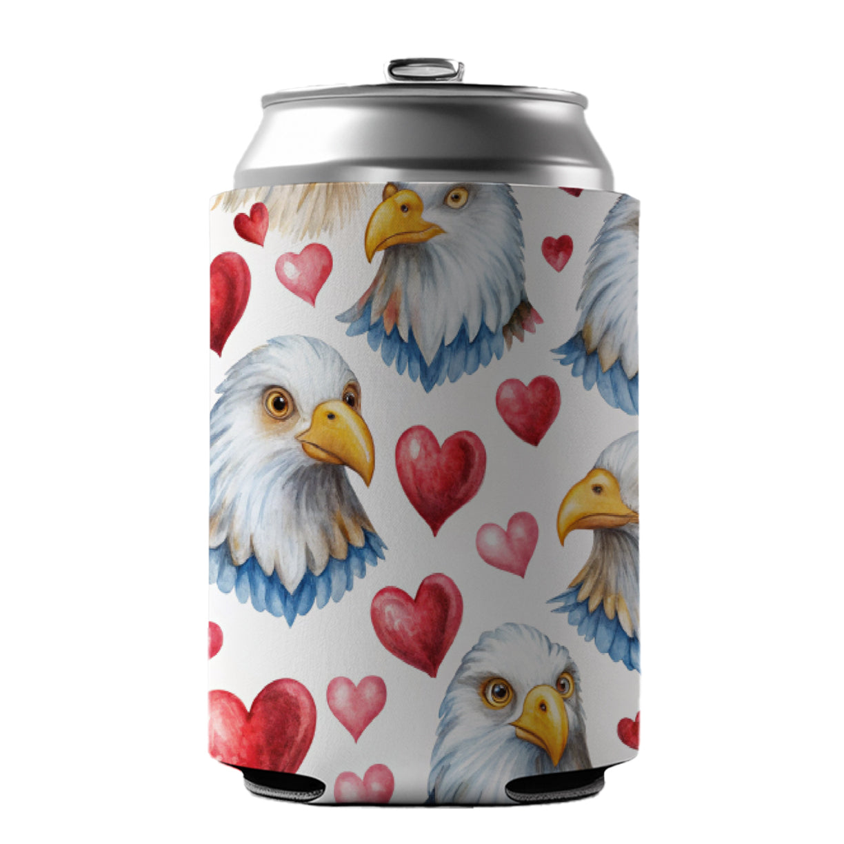 Cute Bald Eagles Hearts Watercolor Can Cooler Beer Soda Drink Insulated Holder Sleeve Hugger