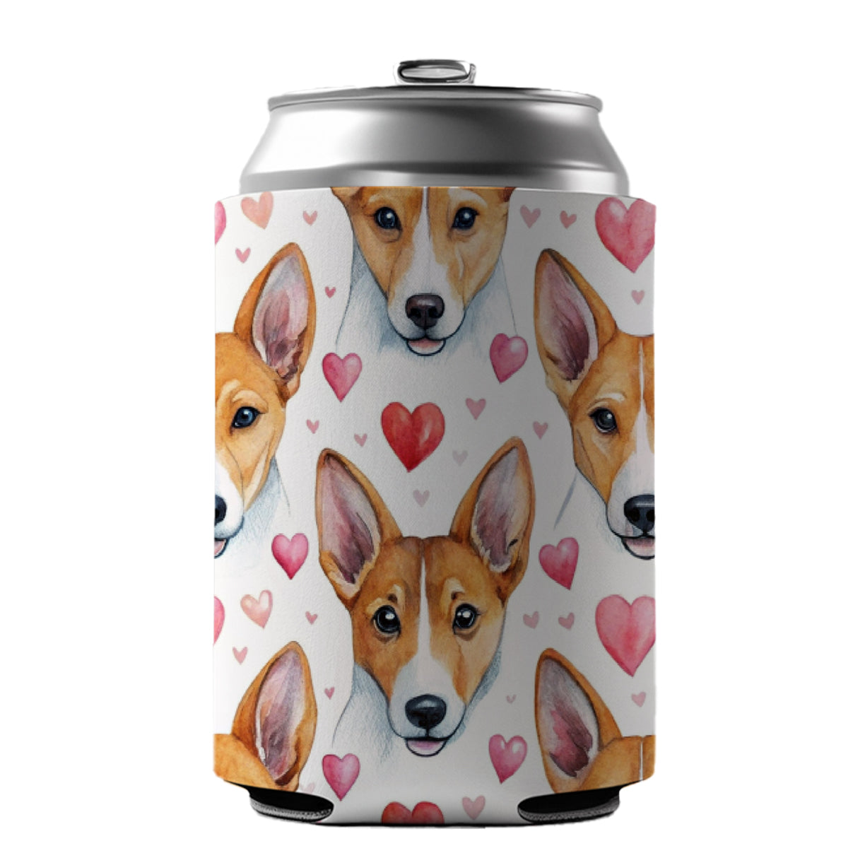 Cute Basenji Dog Faces Hearts Water Can Cooler Beer Soda Drink Insulated Holder Sleeve Hugger