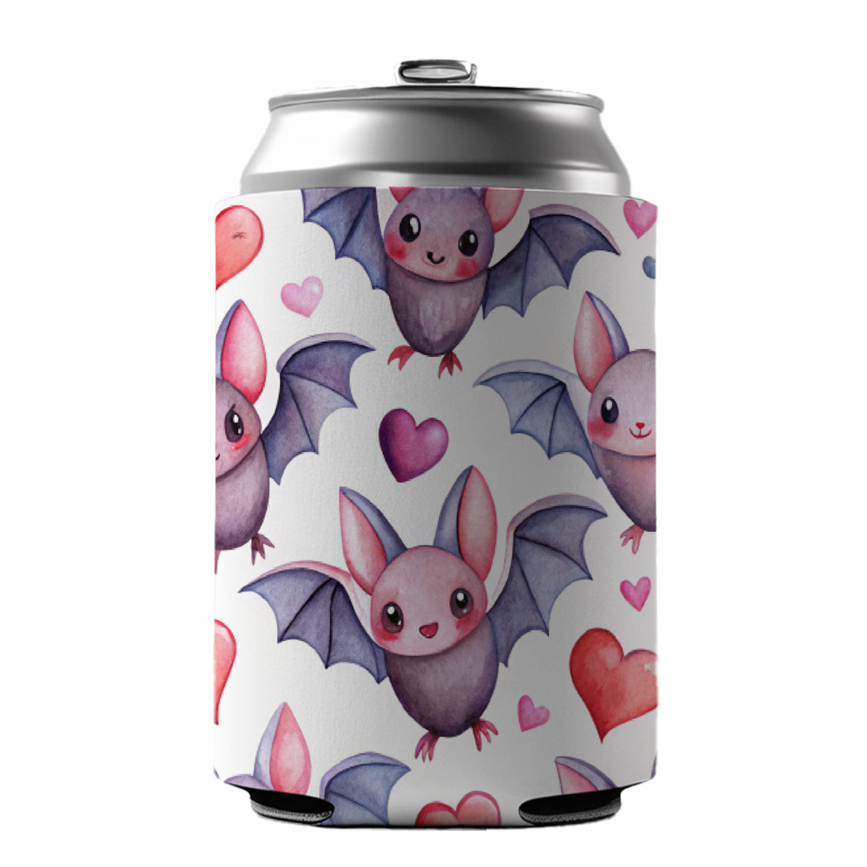 Cute Bats Hearts Watercolor Can Cooler Beer Soda Drink Insulated Holder Sleeve Hugger