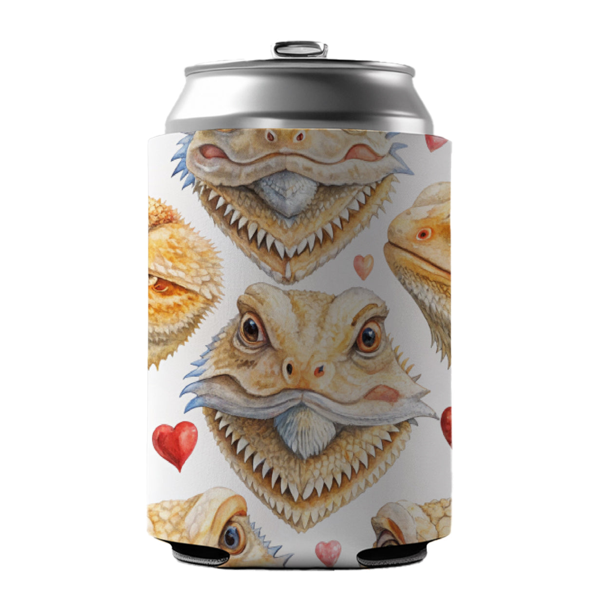 Cute Bearded Dragon Faces Hearts Can Cooler Beer Soda Drink Insulated Holder Sleeve Hugger