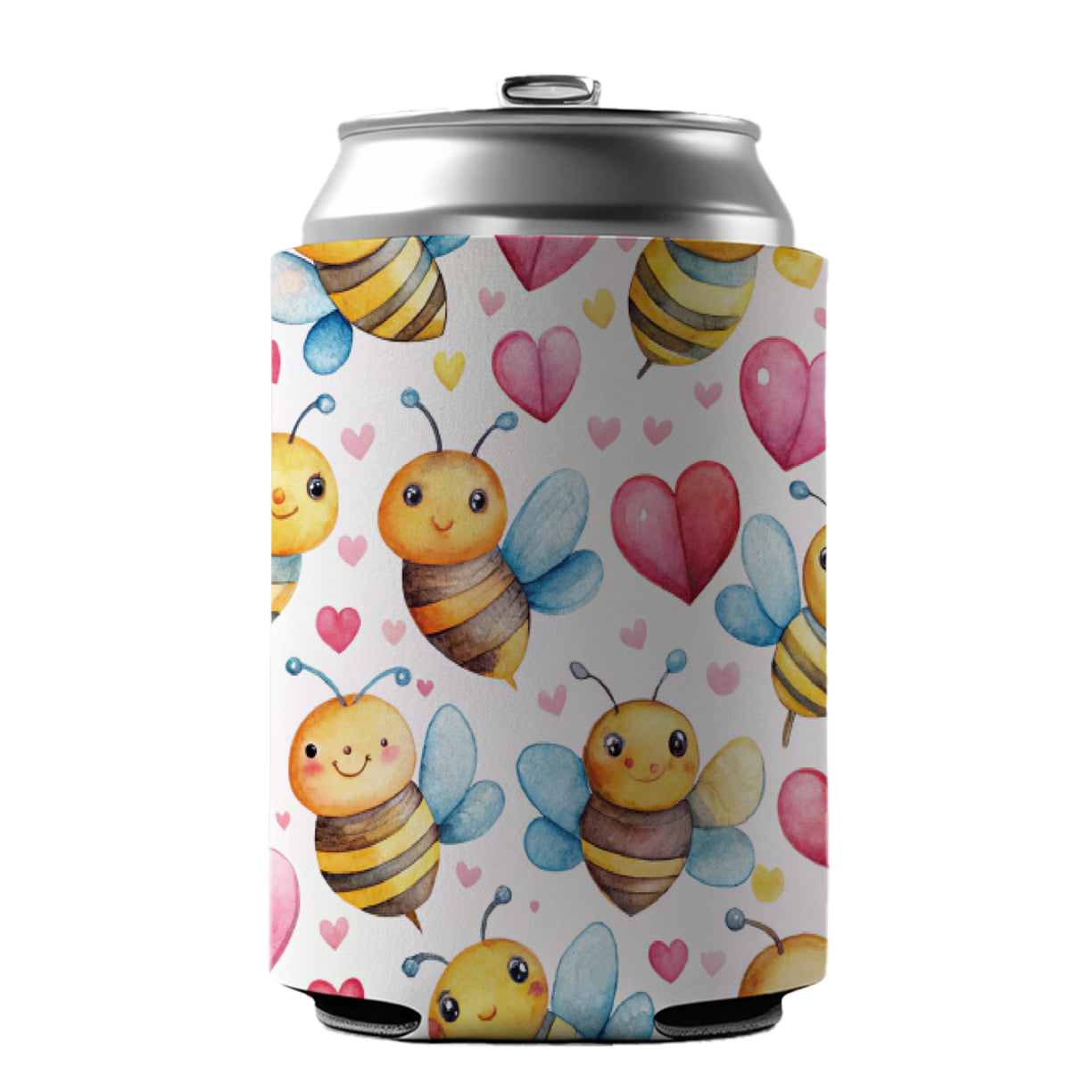 Cute Bees Hearts Watercolor Can Cooler Beer Soda Drink Insulated Holder Sleeve Hugger