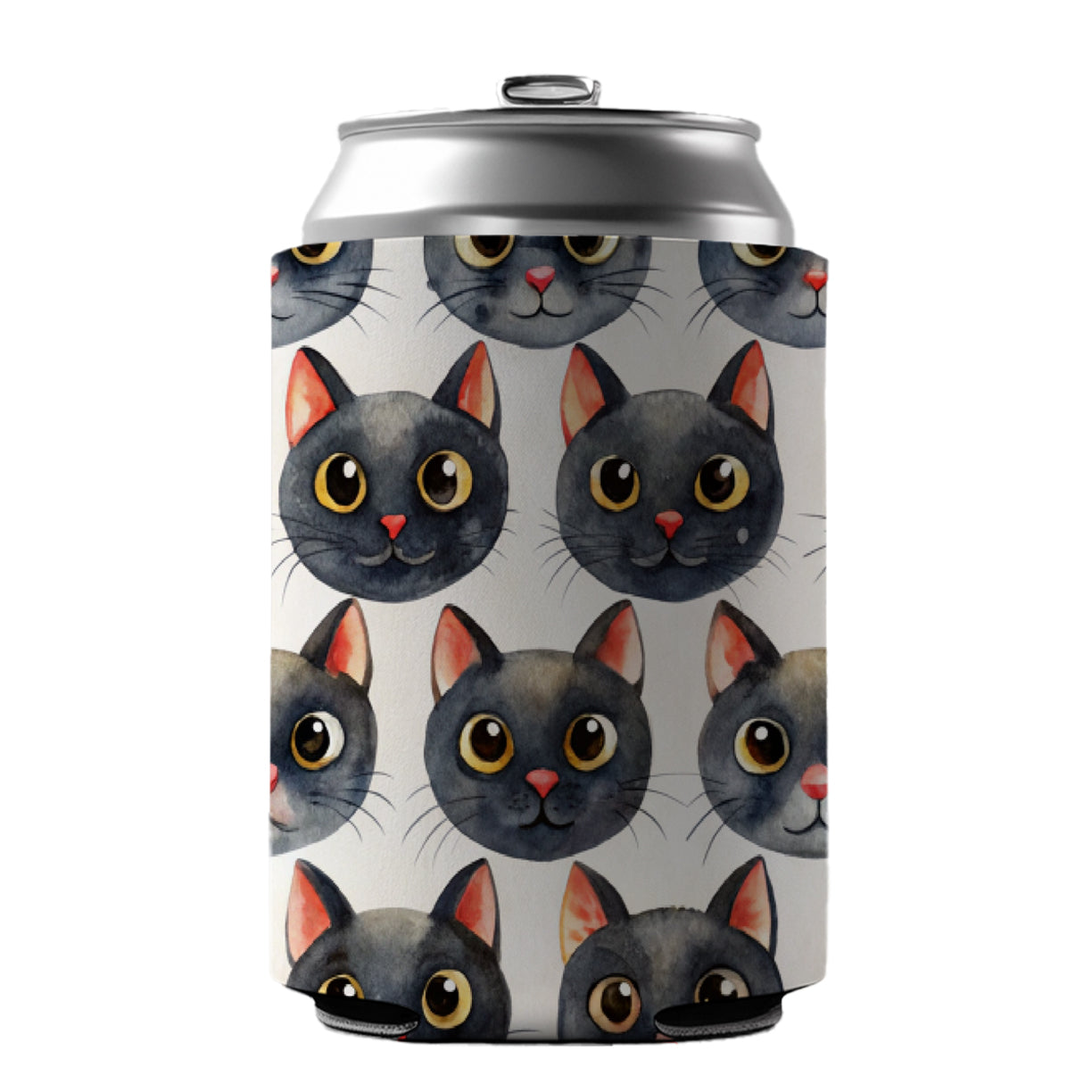 Cute Black Cat Faces Watercolor Can Cooler Beer Soda Drink Insulated Holder Sleeve Hugger