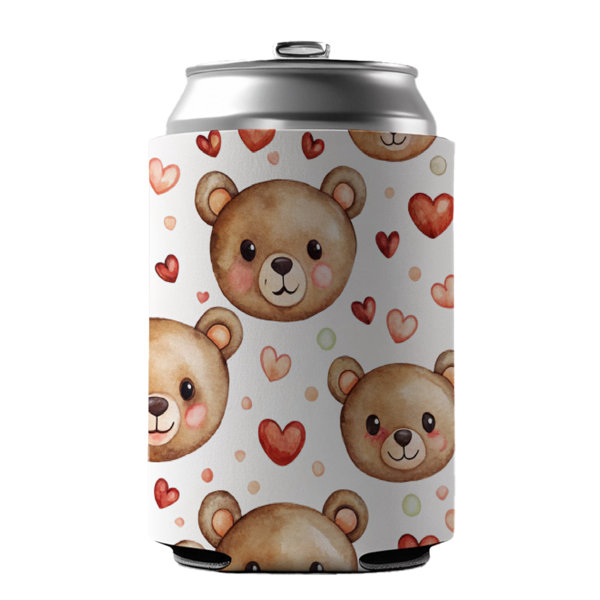 Cute Brown Bear Faces Hearts Can Cooler Beer Soda Drink Insulated Holder Sleeve Hugger