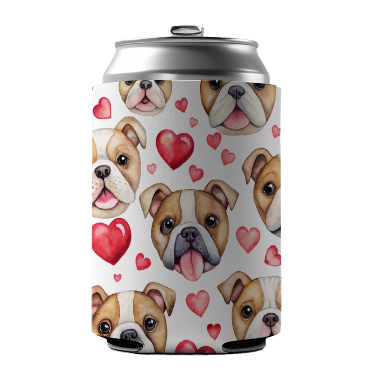 Cute Bulldog Dog Faces Hearts Can Cooler Beer Soda Drink Insulated Holder Sleeve Hugger