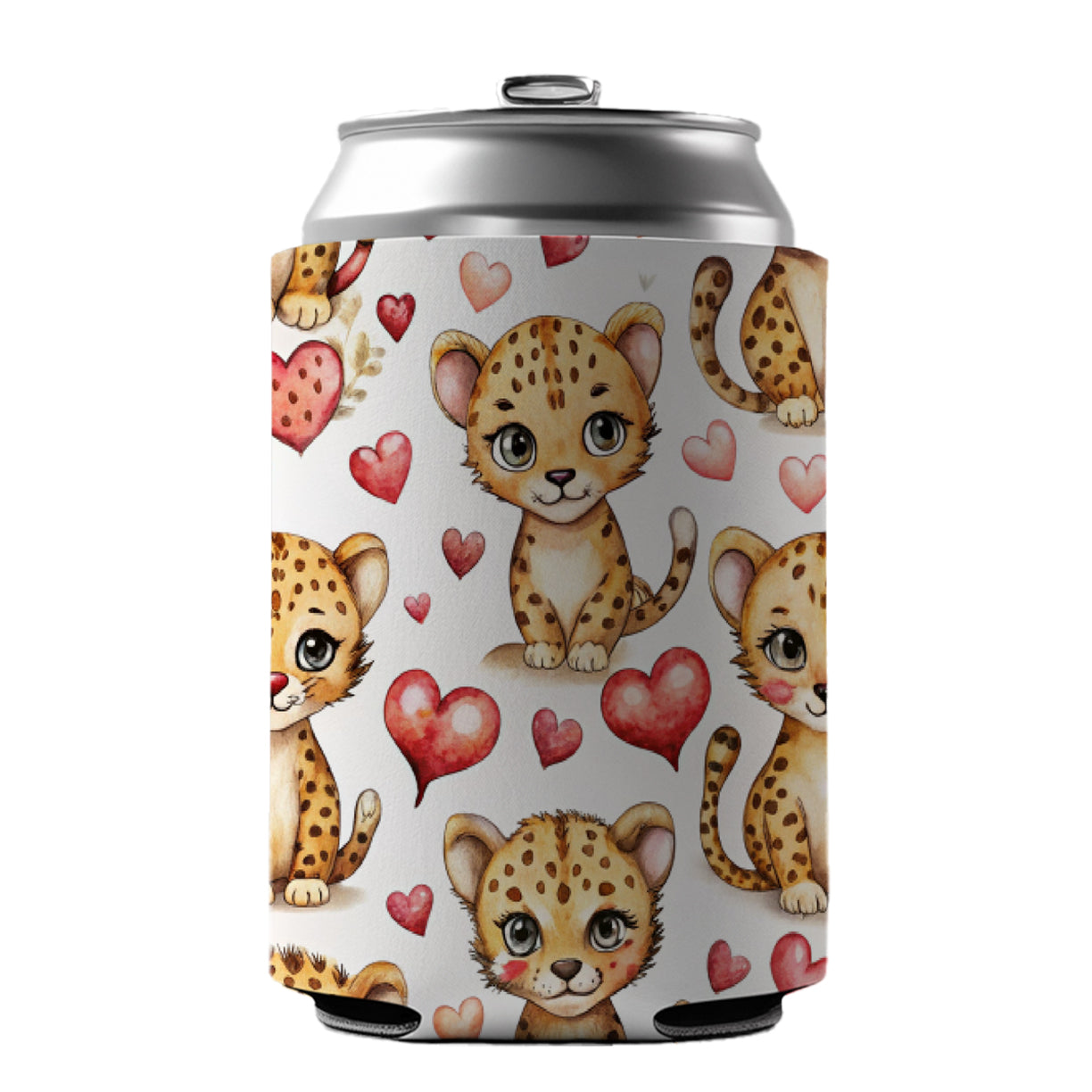 Cute Cheetahs Hearts Watercolor Can Cooler Beer Soda Drink Insulated Holder Sleeve Hugger