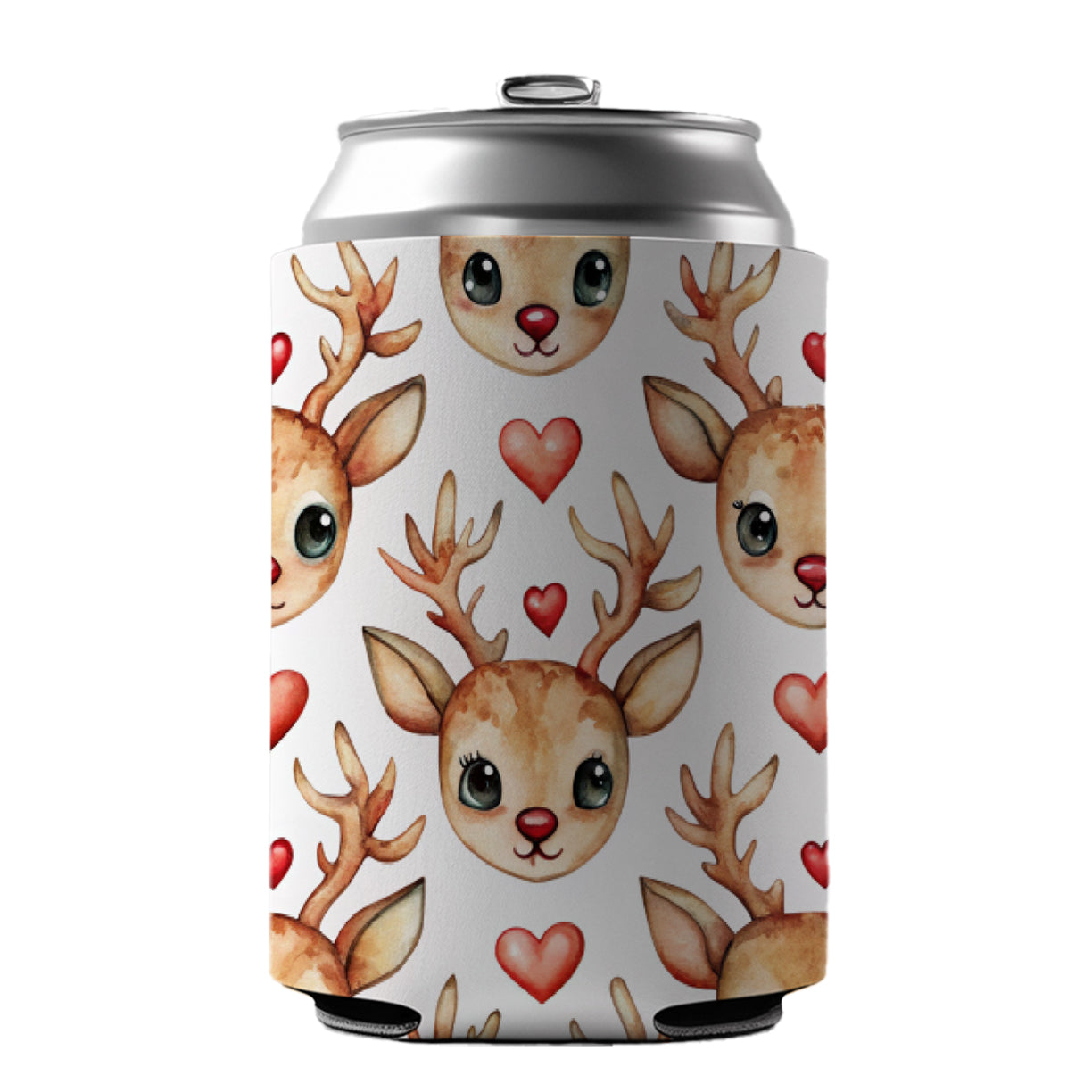 Cute Deer Faces Hearts Watercolor Can Cooler Beer Soda Drink Insulated Holder Sleeve Hugger
