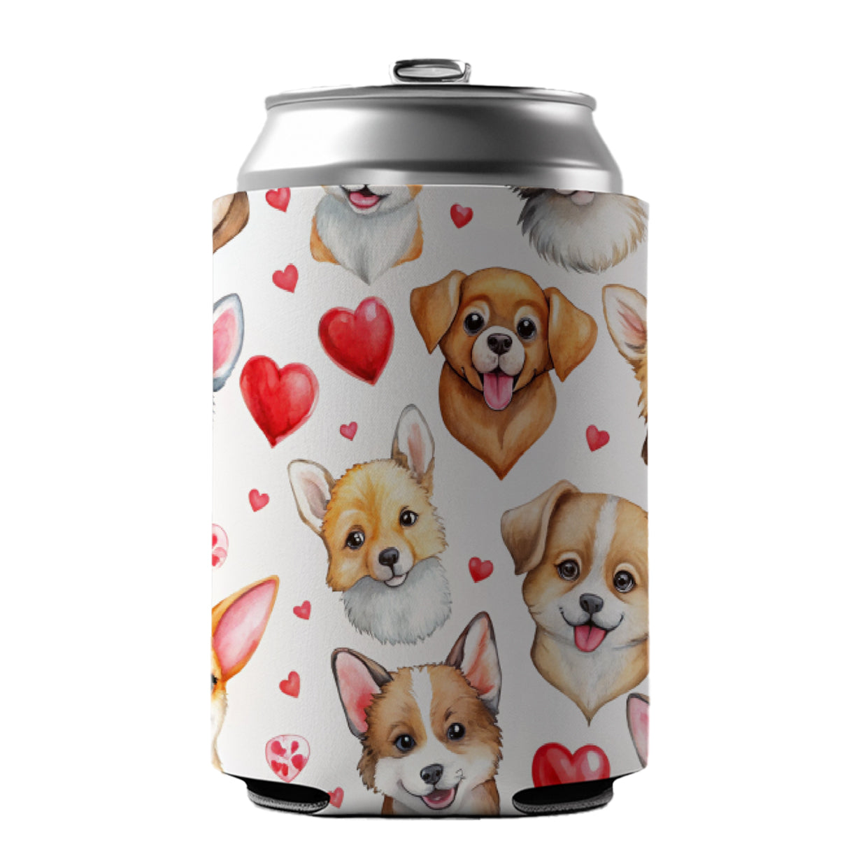 Cute Dogs Hearts Watercolor Can Cooler Beer Soda Drink Insulated Holder Sleeve Hugger
