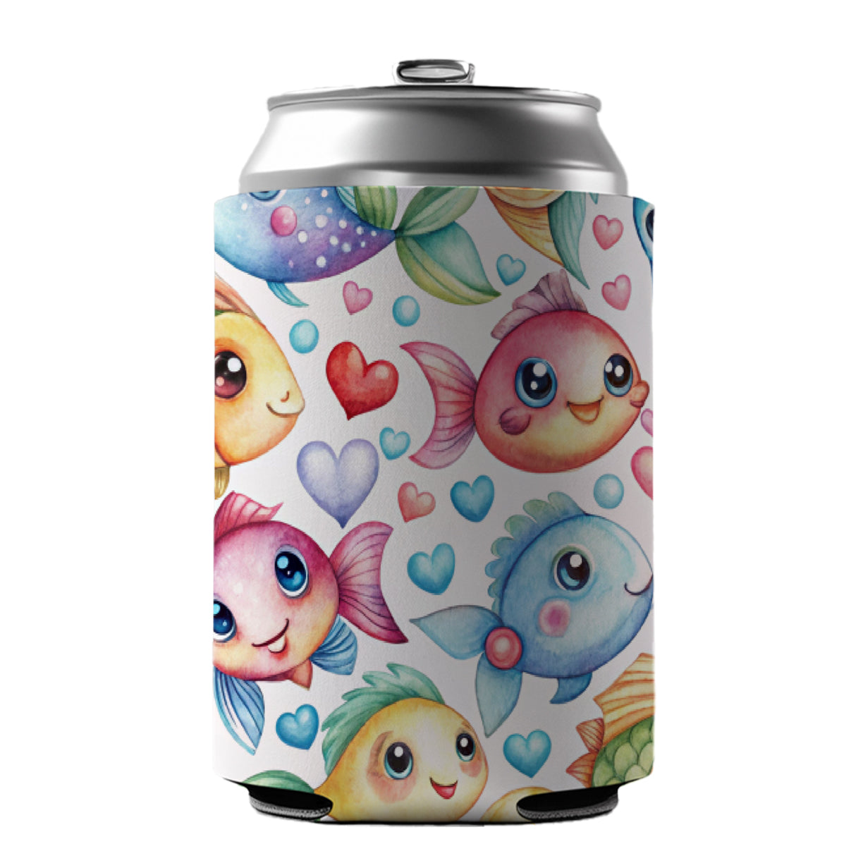 Cute Fish Faces Hearts Watercolor Can Cooler Beer Soda Drink Insulated Holder Sleeve Hugger