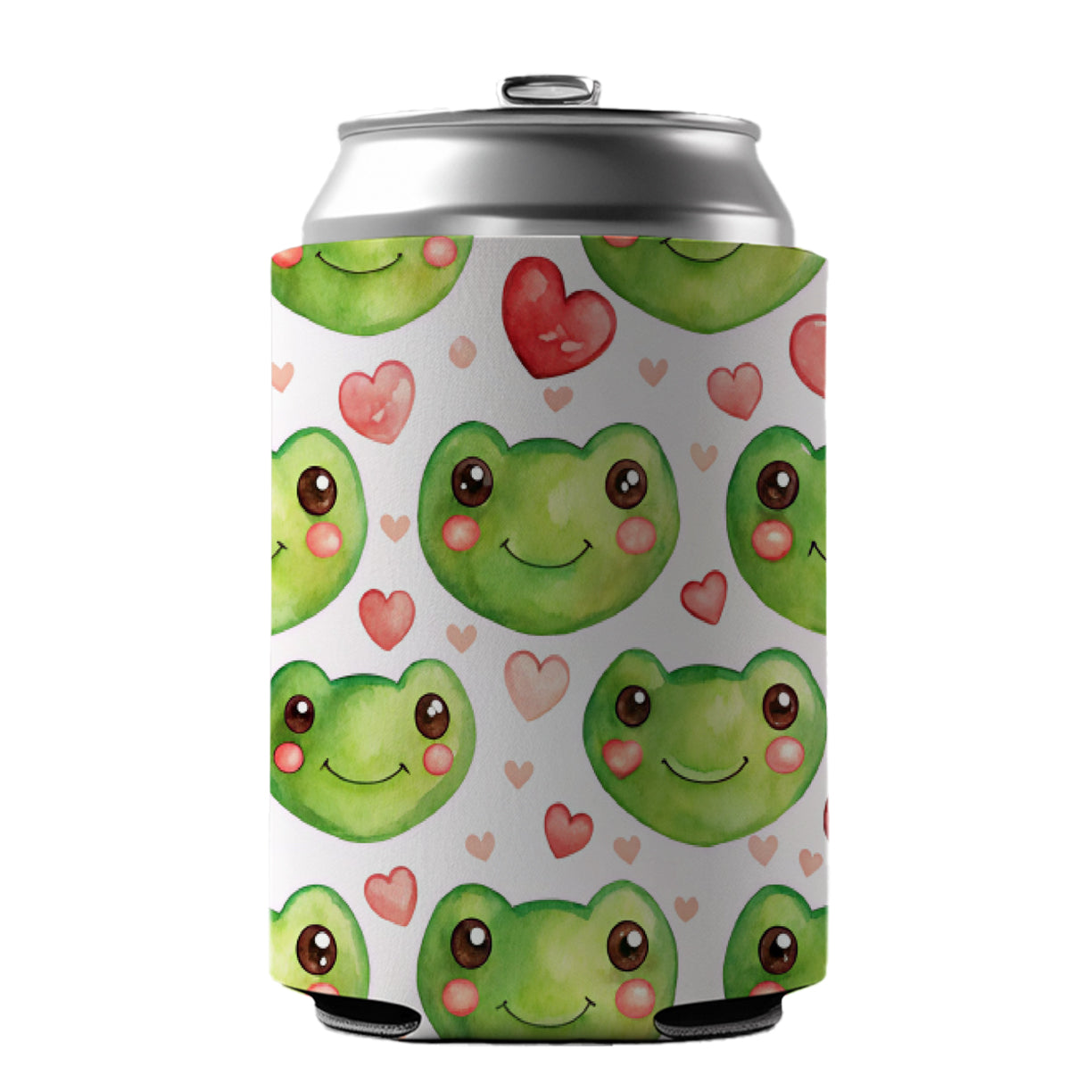 Cute Frog Faces Hearts Watercolor Can Cooler Beer Soda Drink Insulated Holder Sleeve Hugger