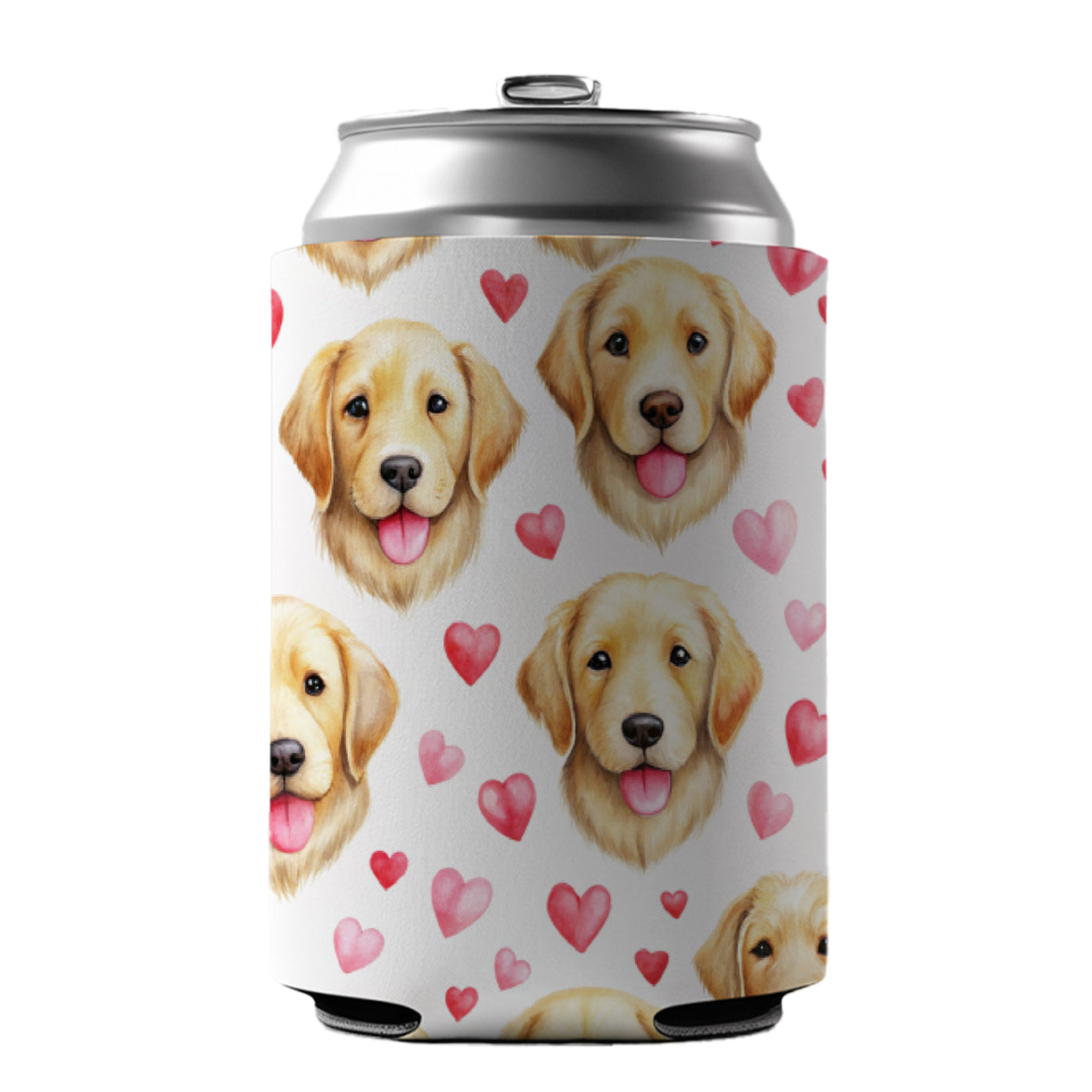 Cute Golden Retriever Dog Faces Hearts Can Cooler Beer Soda Drink Insulated Holder Sleeve Hugger
