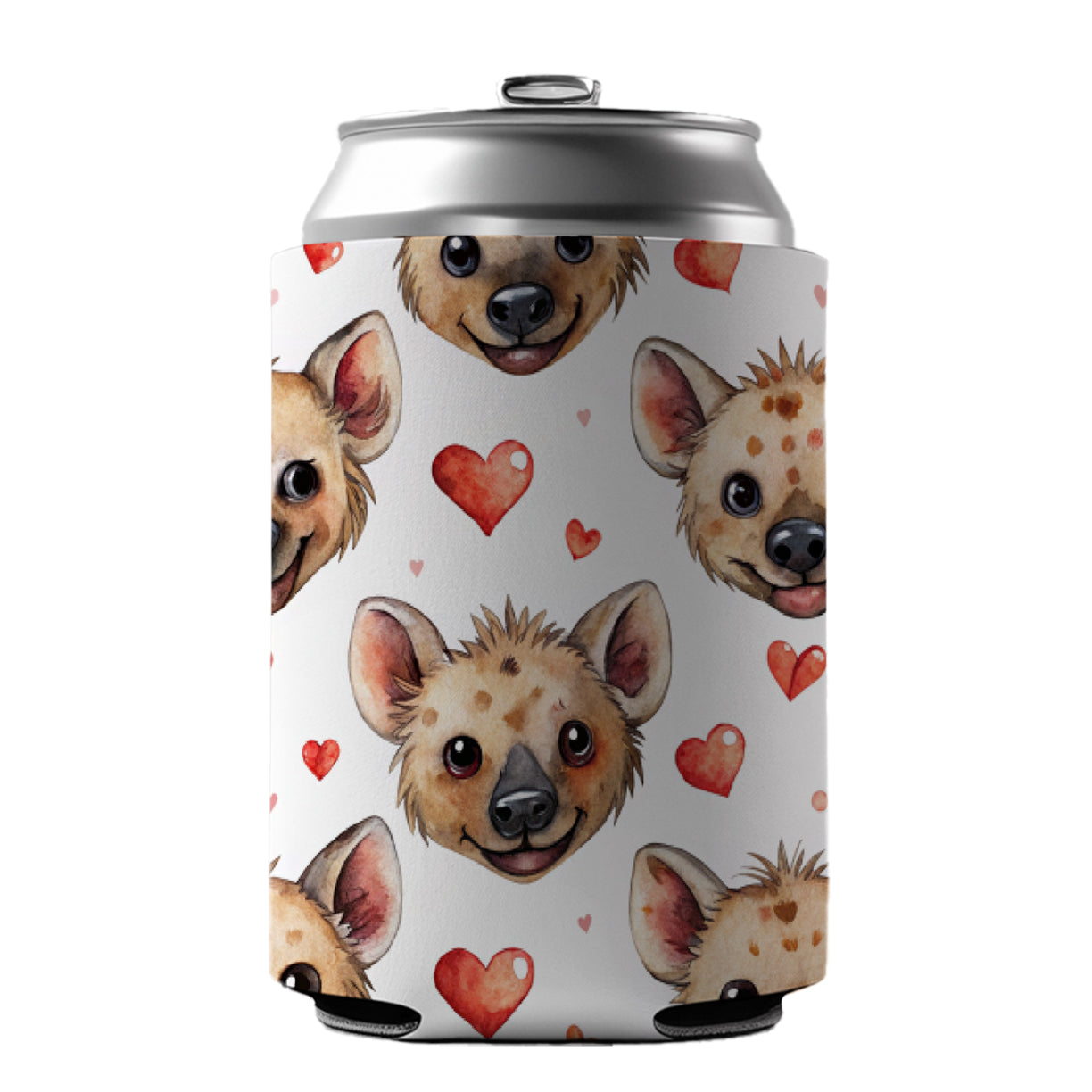 Cute Hyenas Faces Hearts Watercolor Can Cooler Beer Soda Drink Insulated Holder Sleeve Hugger