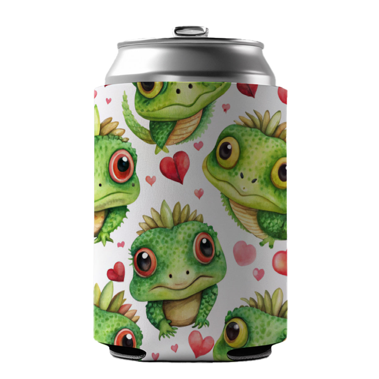 Cute Iguanas Hearts Watercolor Can Cooler Beer Soda Drink Insulated Holder Sleeve Hugger