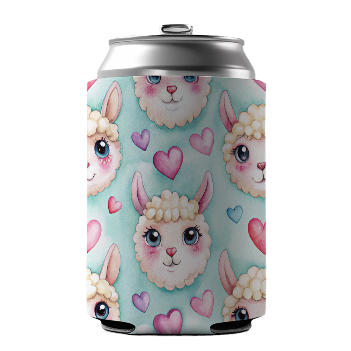 Cute Llama Faces Hearts Watercolor Can Cooler Beer Soda Drink Insulated Holder Sleeve Hugger